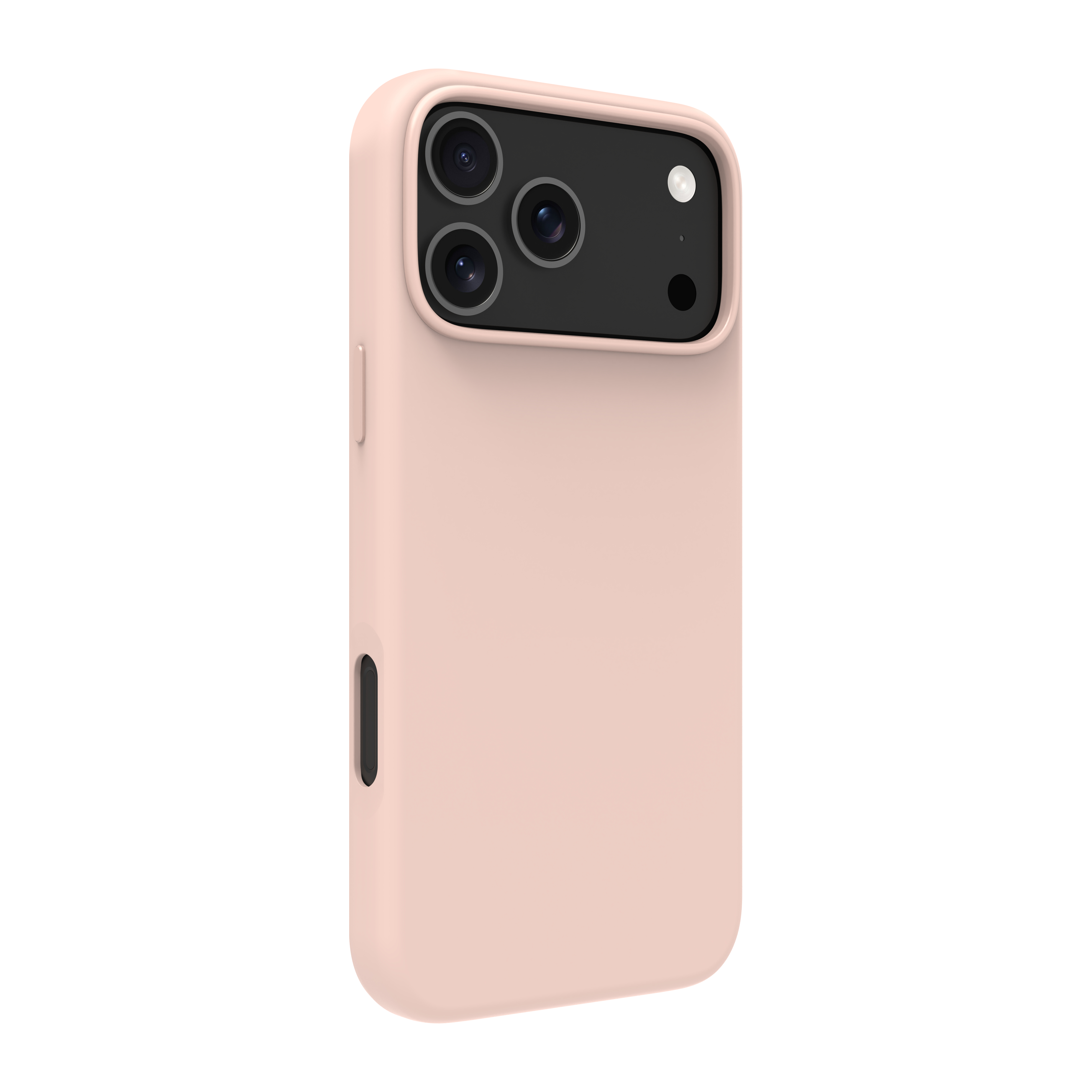 Una custodia rosa per telefono con tre obiettivi e un flash. La custodia copre il telefono.