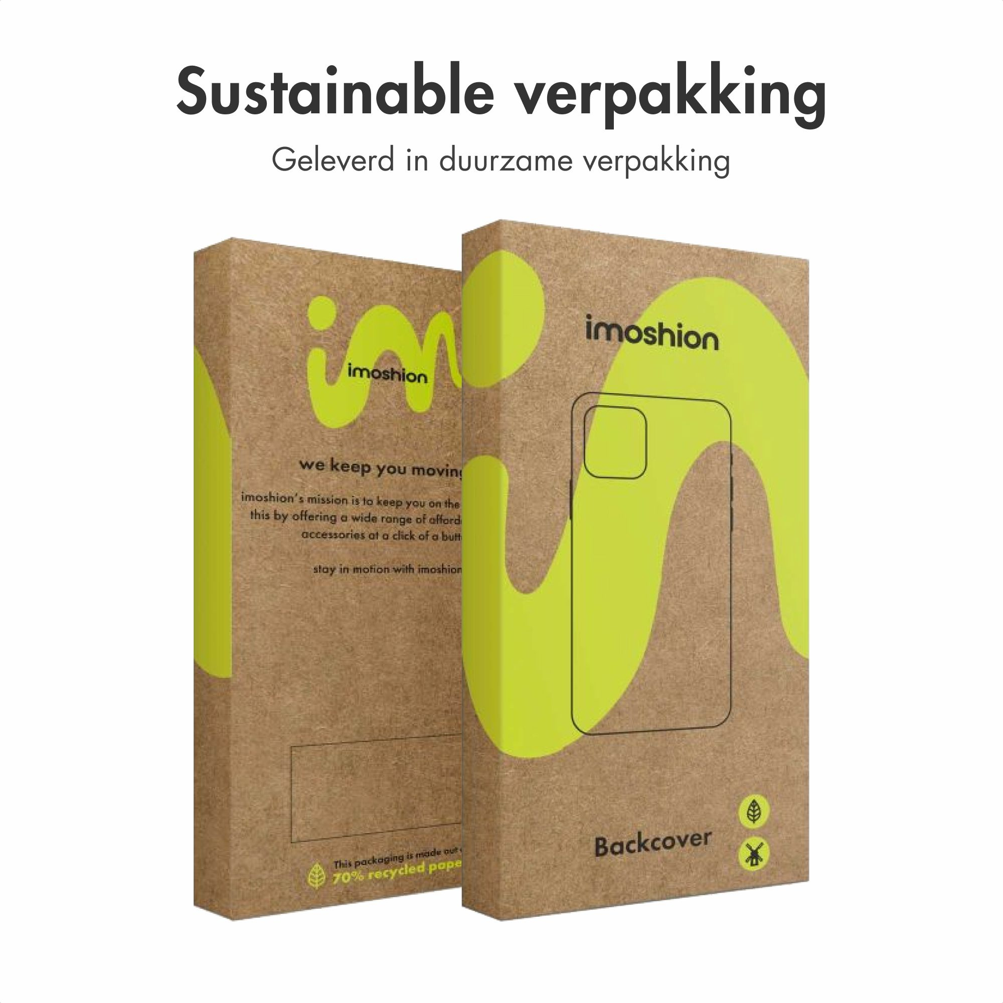 Deux boîtes en carton avec le logo vert Imoshion et du texte. Une boîte montre le contour de l'étui du téléphone. Le texte indique un emballage durable.