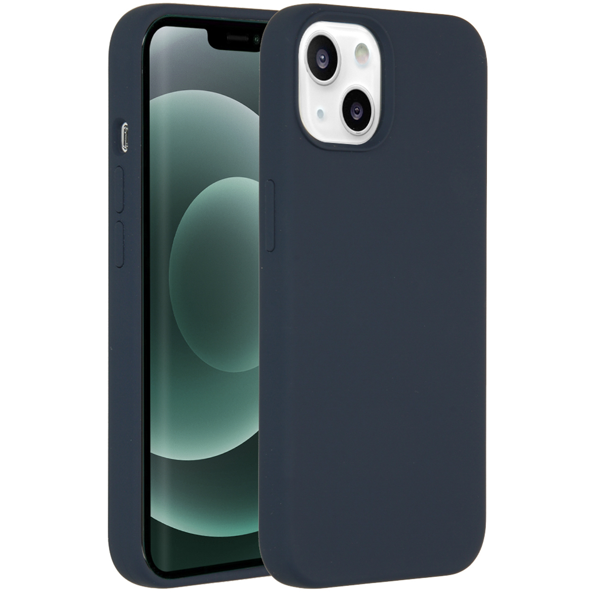 Marineblauwe telefoonhoes met telefoon erin. De hoes heeft een camera-uitsparing en zijknoppen, die het scherm laten zien.