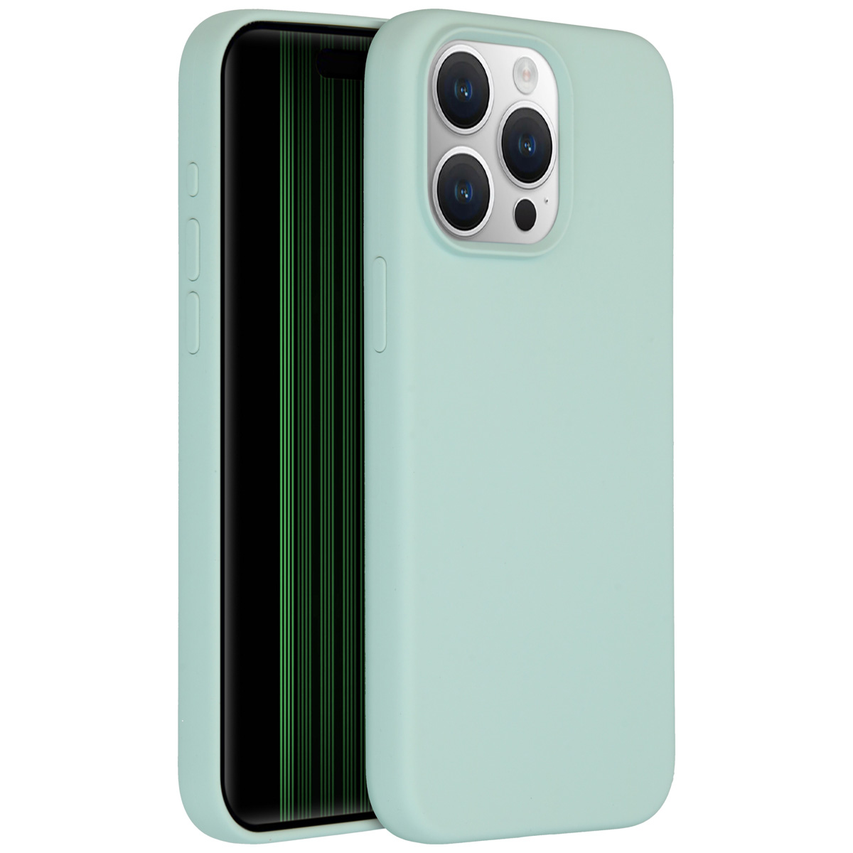 Een mintgroene telefoonhoes met een telefoon erin. De telefoon heeft een zwart scherm met groene verticale lijnen.