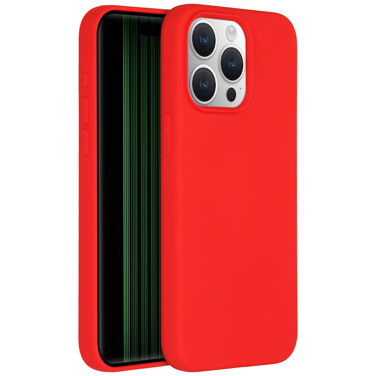 Rode telefoonhoes met telefoon erin. De telefoon heeft een zwart scherm met groene lijnen. De hoes heeft camera's.