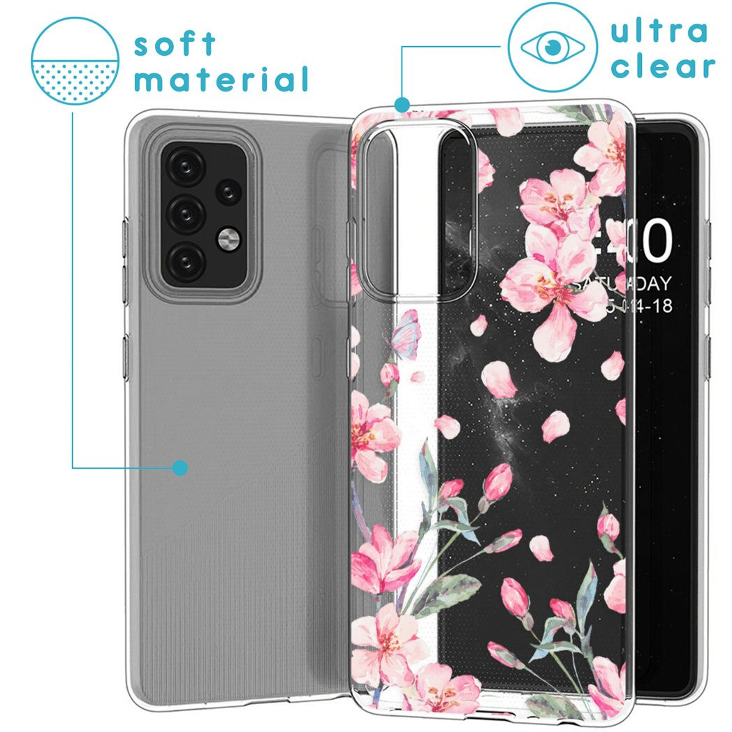 Una custodia per telefono con un design floreale. La custodia è trasparente, con fiori rosa e sfondo nero. Un telefono è all'interno.