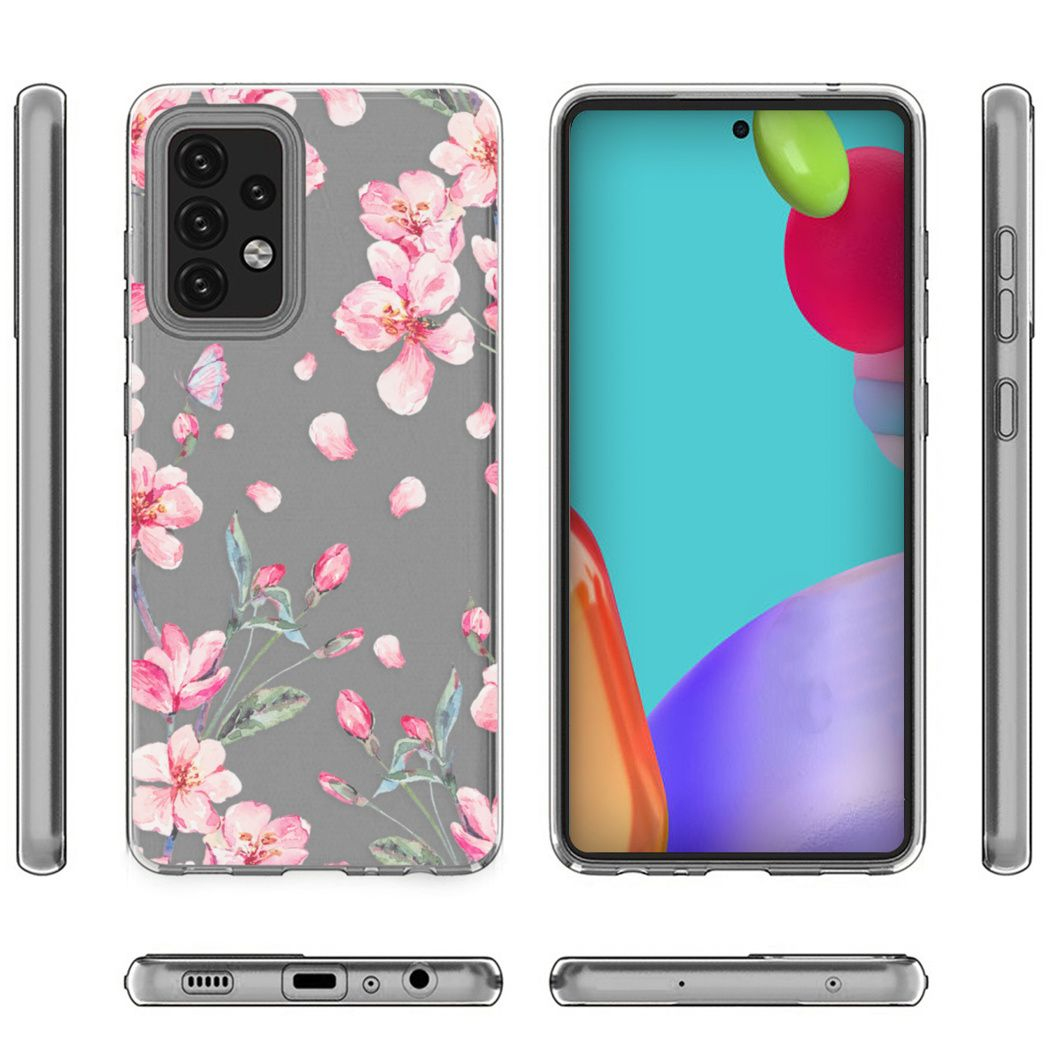 Un telefono con custodia floreale è in mostra. La custodia presenta fiori rosa su sfondo grigio. Lo schermo mostra colori.