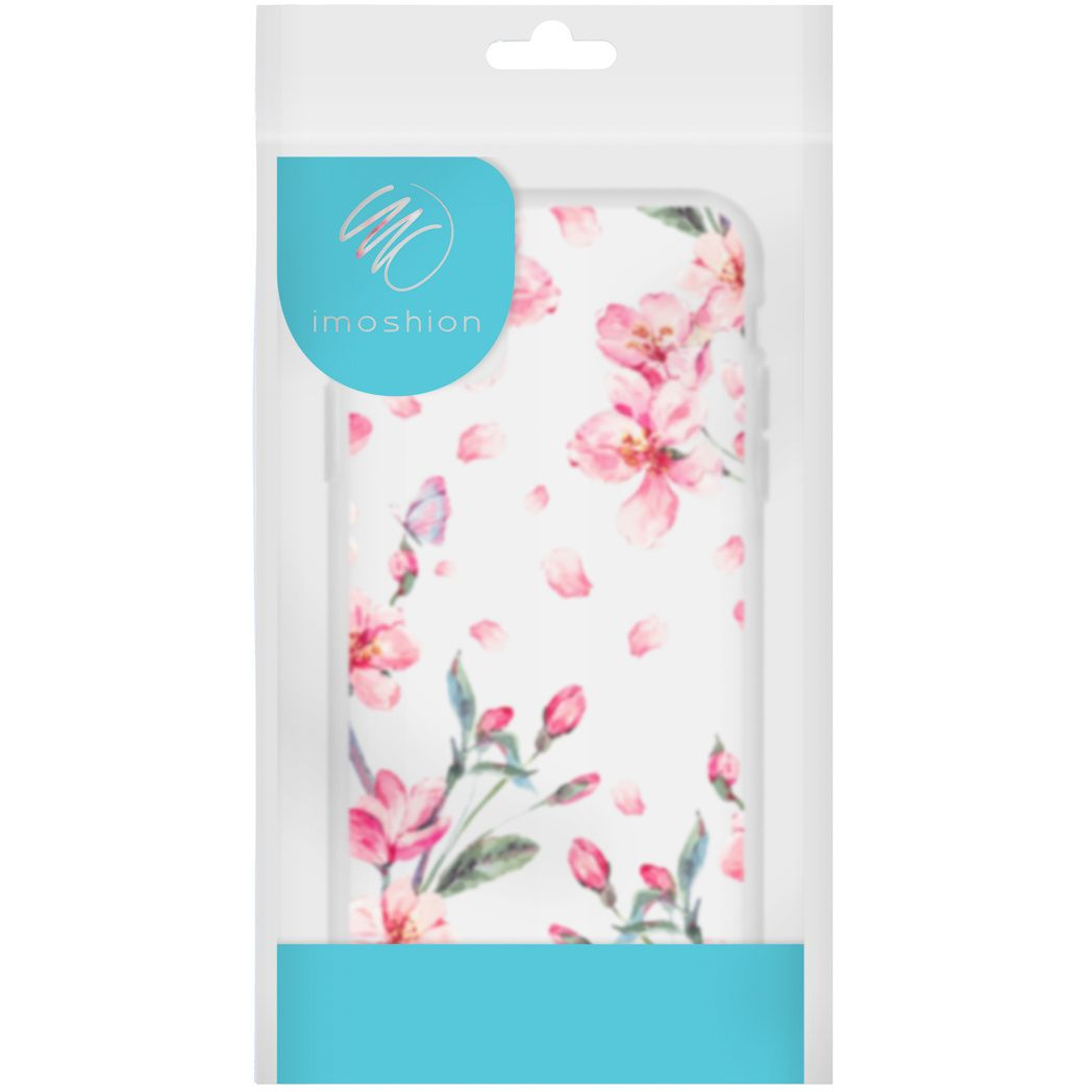 Una custodia per telefono con un motivo floreale, confezionata in plastica trasparente. Il design presenta fiori rosa su sfondo bianco.