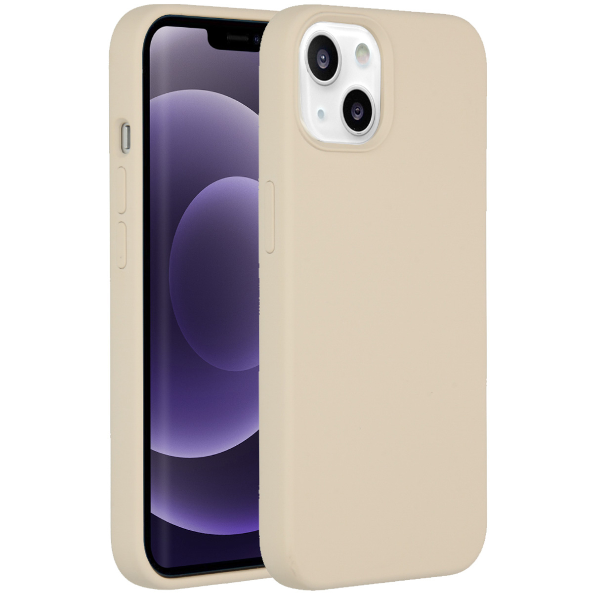 Beige telefoonhoesje met telefoon erin. Het scherm toont een paarse gradiënt. De hoes heeft een camera-uitsparing en knoppen.