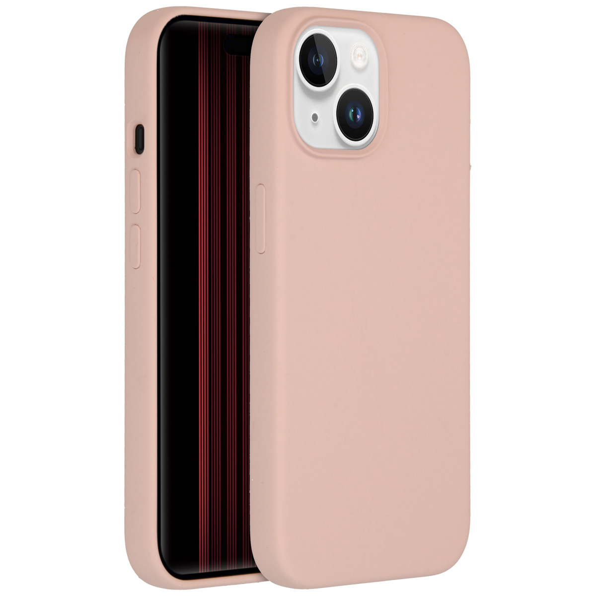 Een roze telefoonhoesje en een telefoon. Het telefoonscherm is zwart met rode lijnen. De hoes heeft uitsparingen voor de camera.