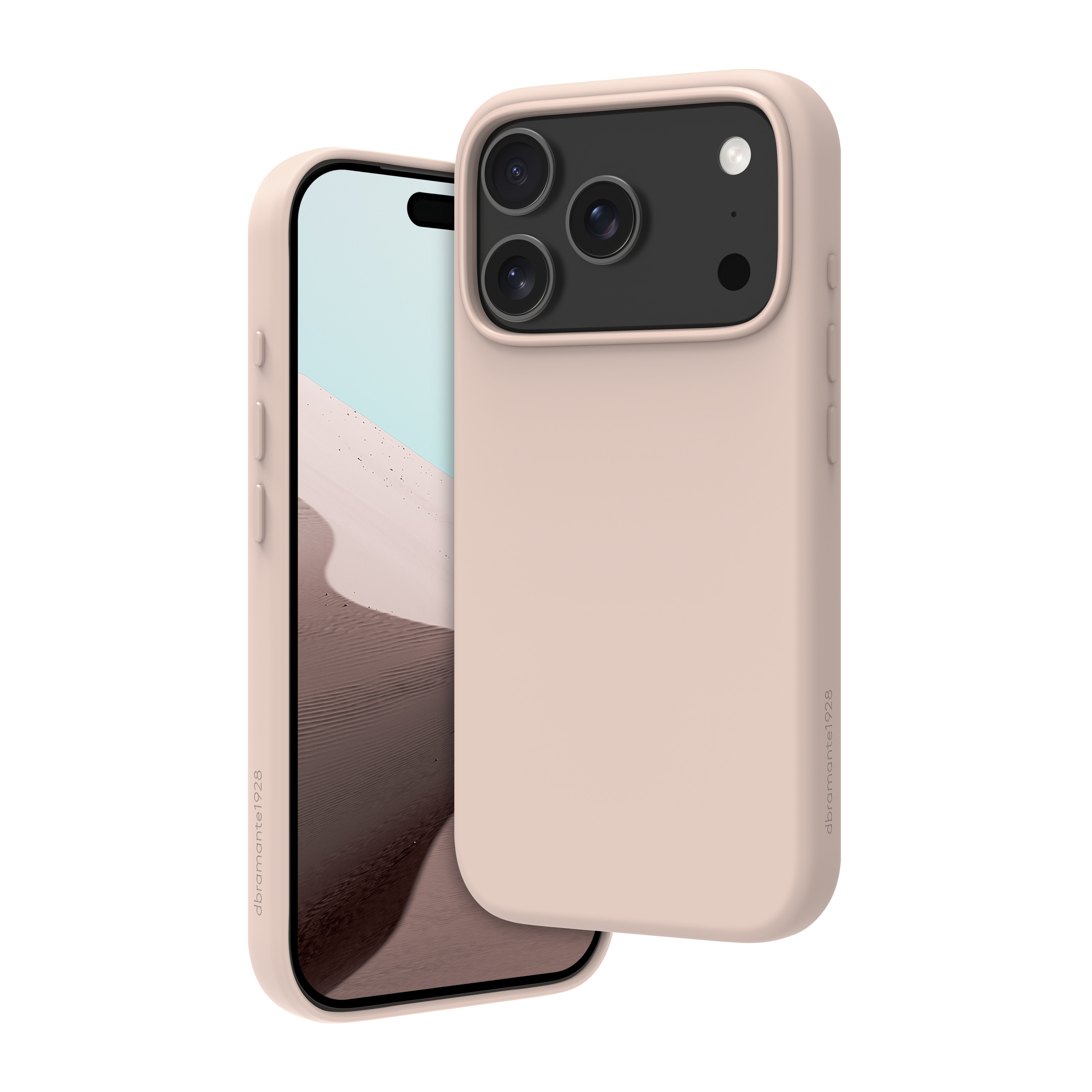 Due custodie per telefono, una con schermo che mostra un deserto. Entrambe rosa chiaro. Quella a destra ha le fotocamere.