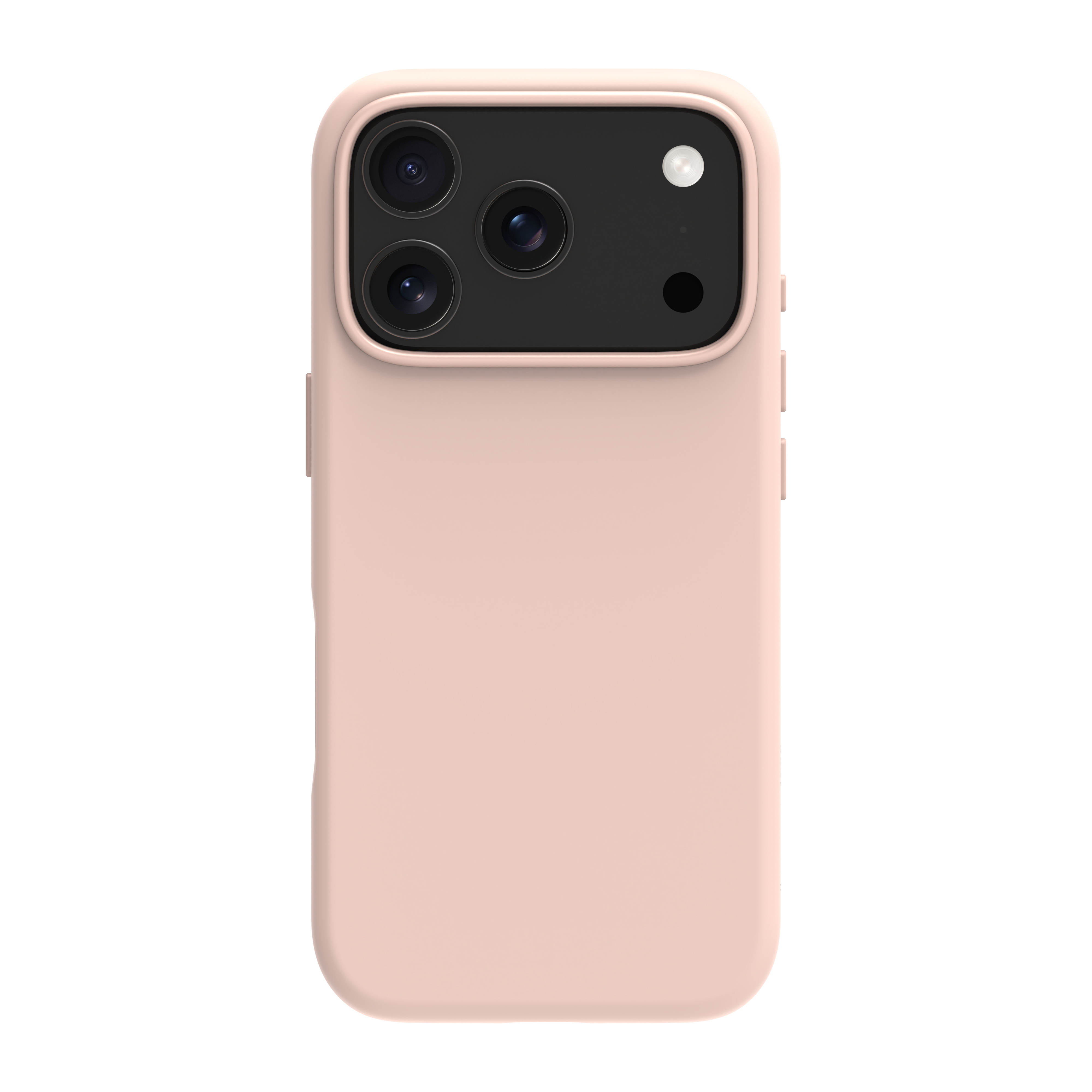 Un telefono rosa chiaro con un modulo fotocamera nero con tre obiettivi e un flash, su sfondo bianco.