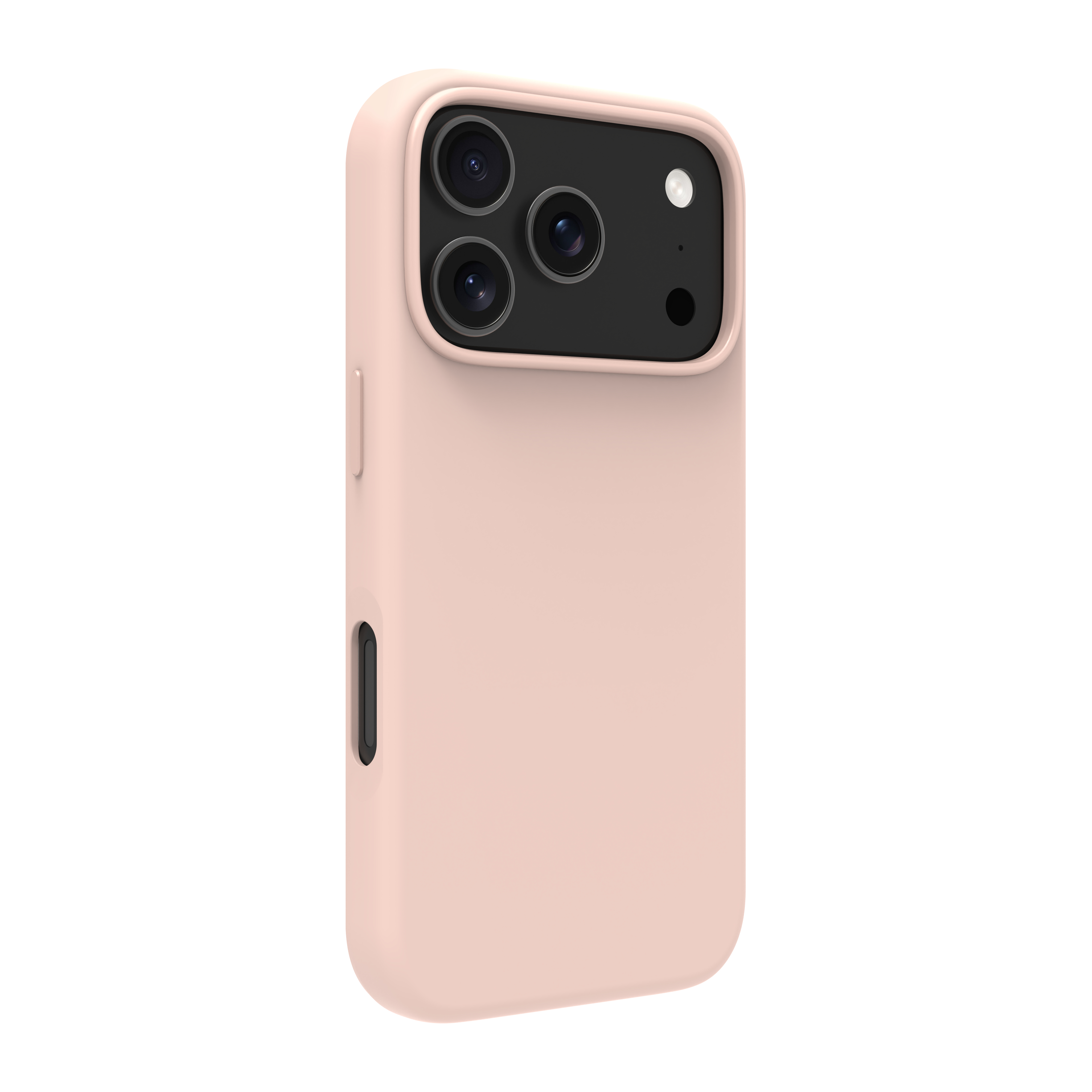 Una custodia per telefono rosa chiaro con un rigonfiamento della fotocamera, tre lenti e un flash, su sfondo bianco.