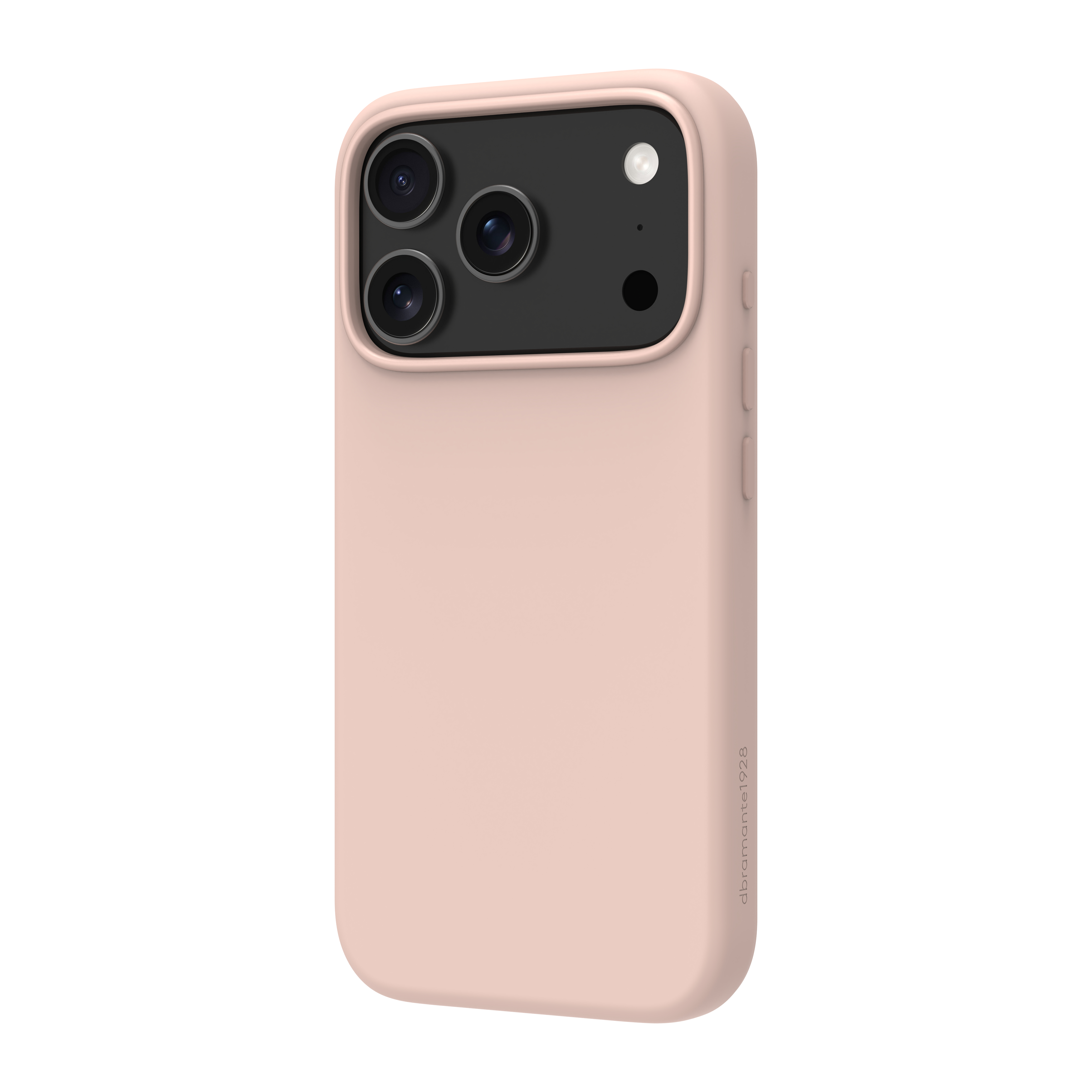 Custodia rosa per telefono con più lenti della fotocamera e flash. La custodia ha una texture liscia e il marchio è visibile.