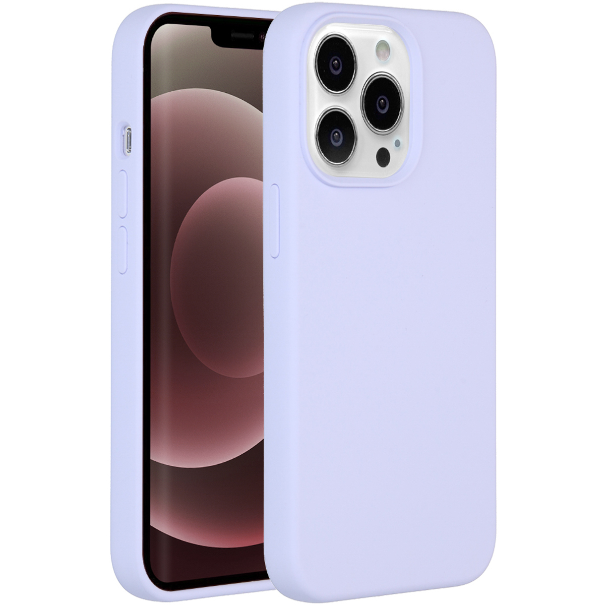 Een iPhone met een paarse hoes. De telefoon zit in de hoes en toont de camera en het scherm. De achtergrond is wit.