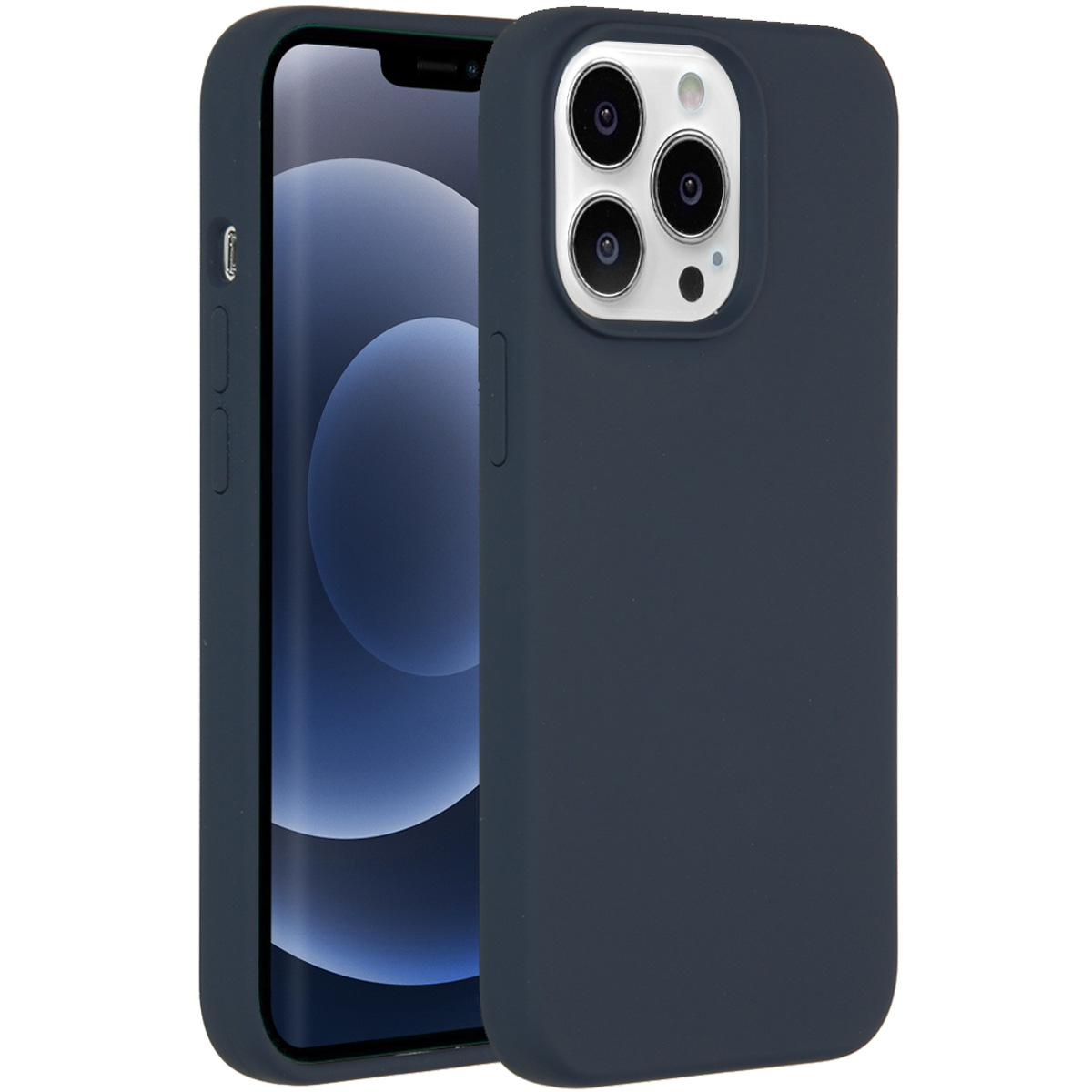 Een donkerblauwe iPhone in een bijpassend hoesje. De telefoon heeft drie camera's. Het scherm toont een blauwe achtergrond.