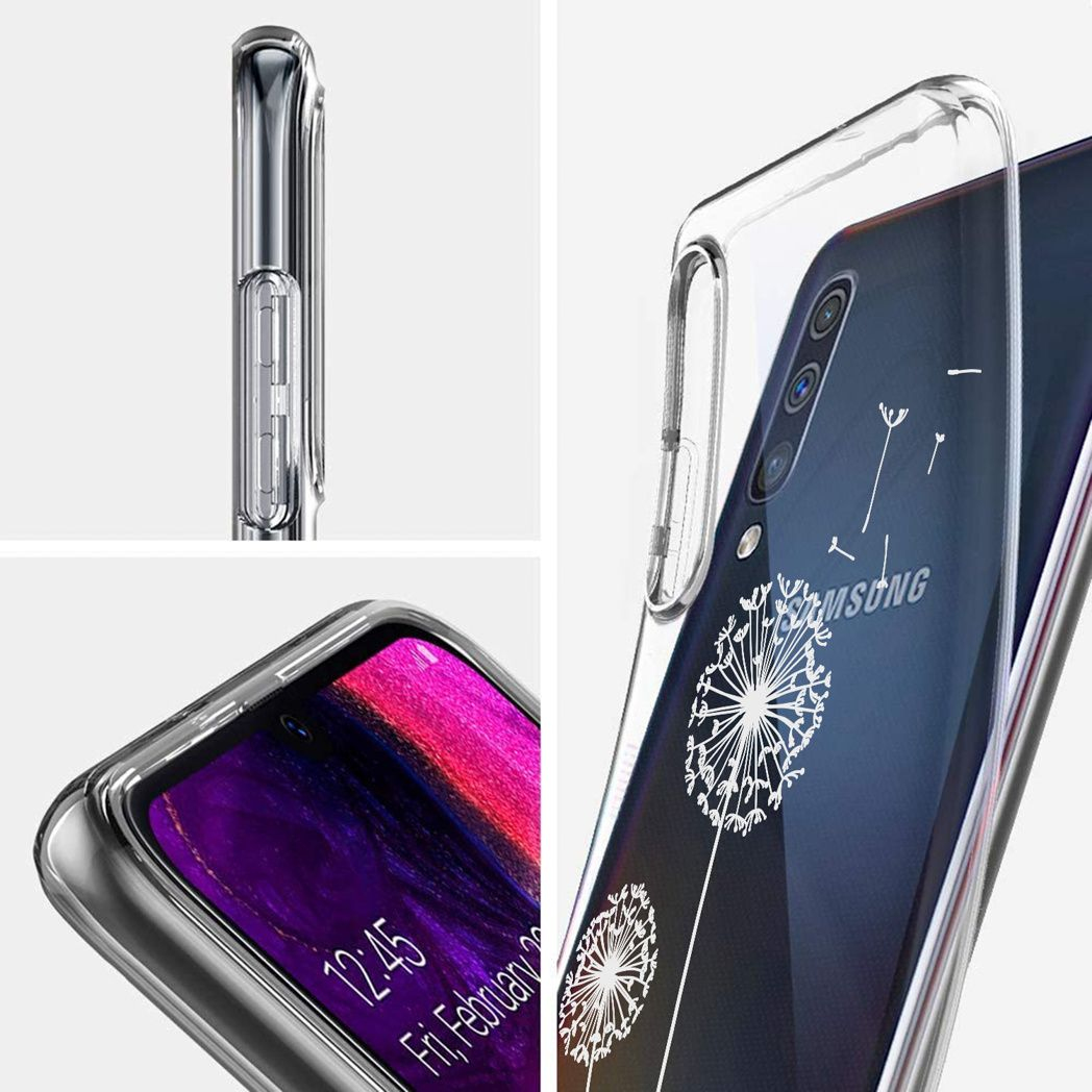 Coque de téléphone transparente avec motif de pissenlit sur un téléphone Samsung. Sections montrent détails et écran.