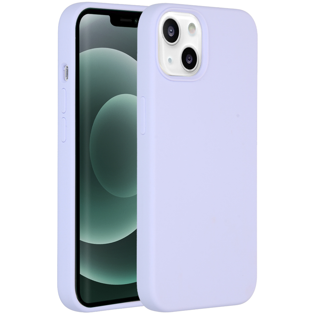 Een lichtpaarse telefoonhoes beschermt een zwarte iPhone. De hoes zit rechts en verbergt de telefoon gedeeltelijk.