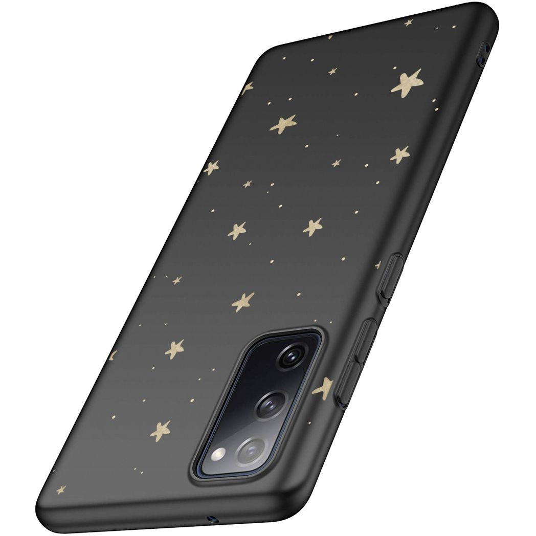 Custodia nera per telefono con motivo a stelle dorate. Contiene il modulo fotocamera e i pulsanti laterali.