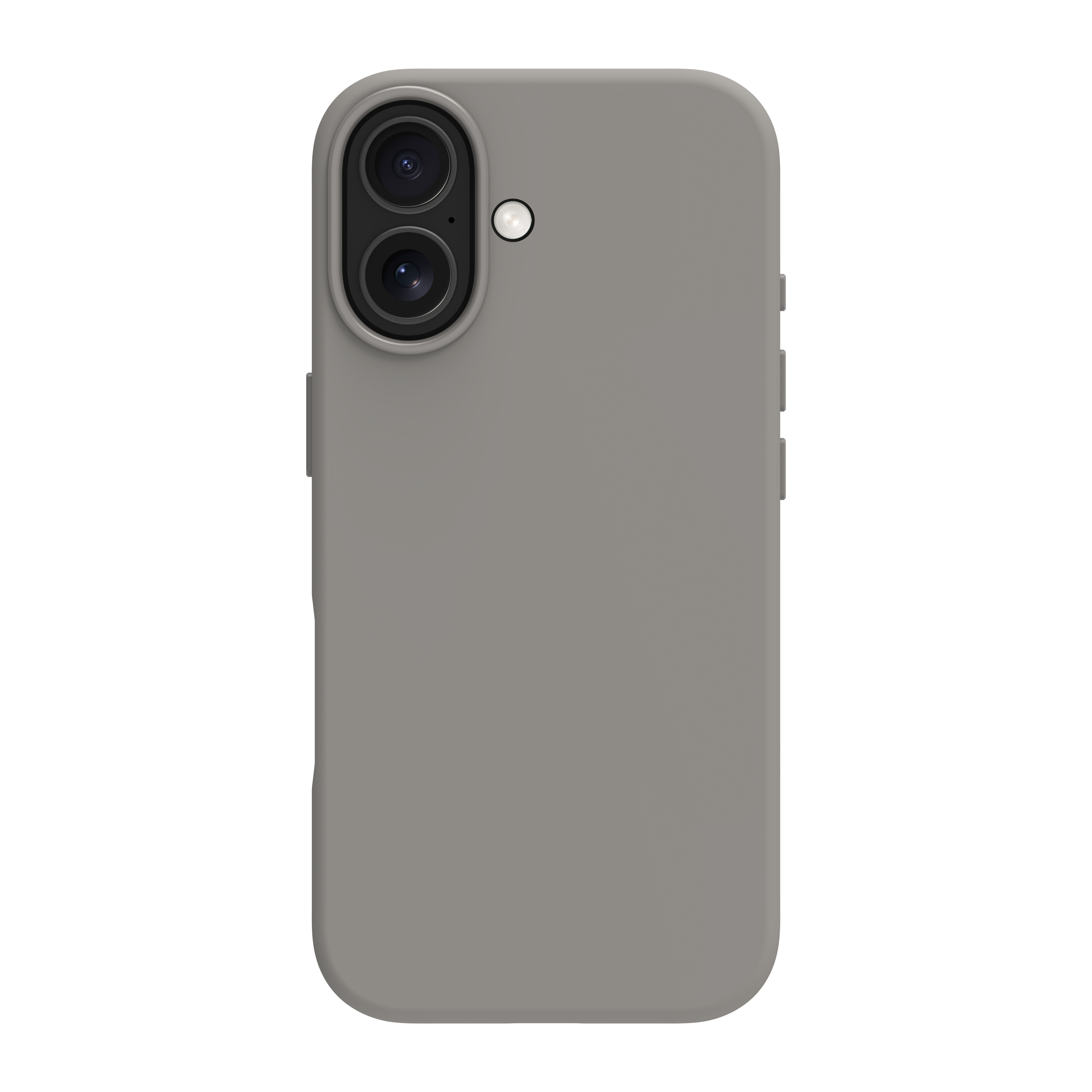 Una cover grigia per telefono con due obiettivi e un flash. La cover ha pulsanti laterali.