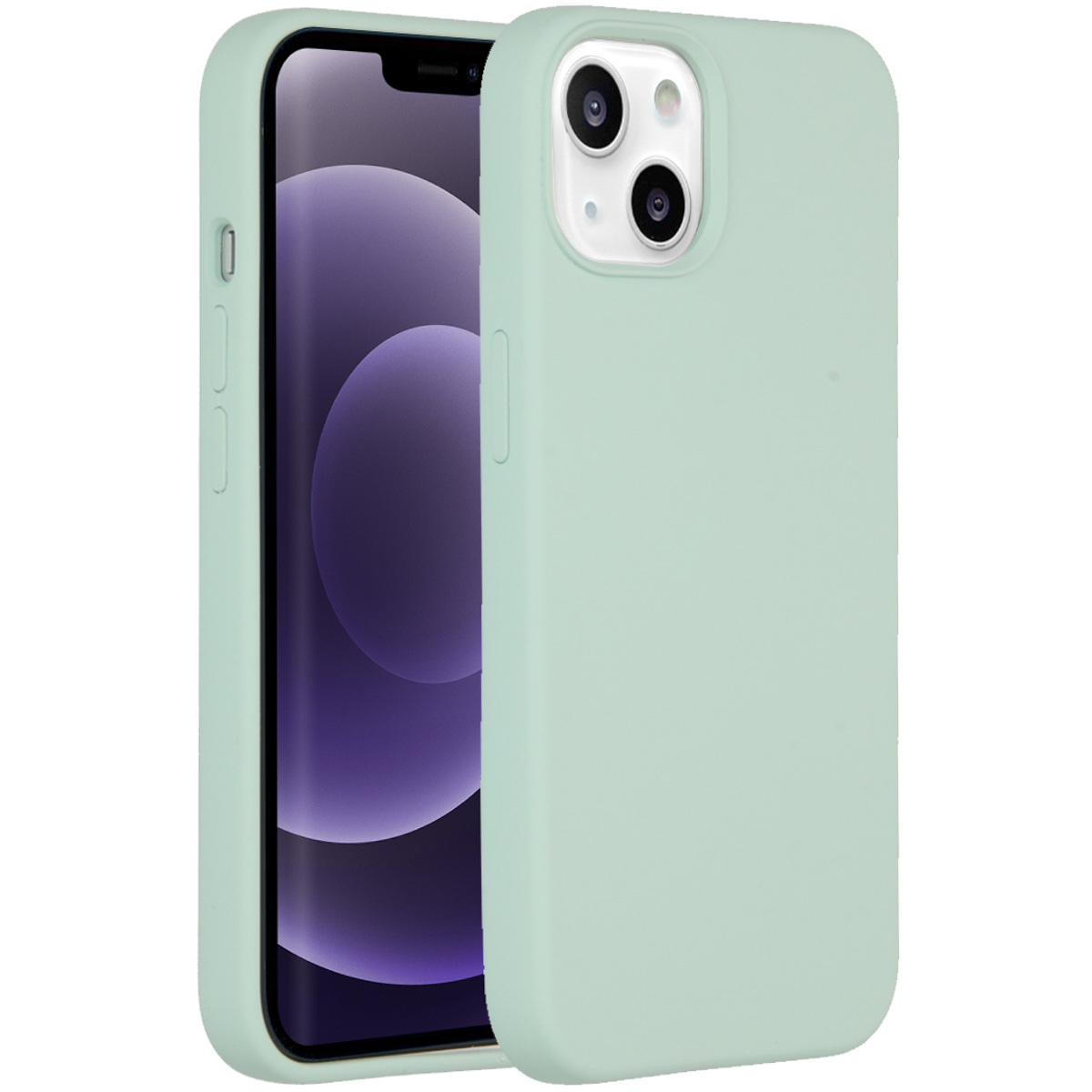 Een mintkleurige telefoonhoes met een telefoon erin. De telefoon heeft een paarse achtergrond met witte lijnen.