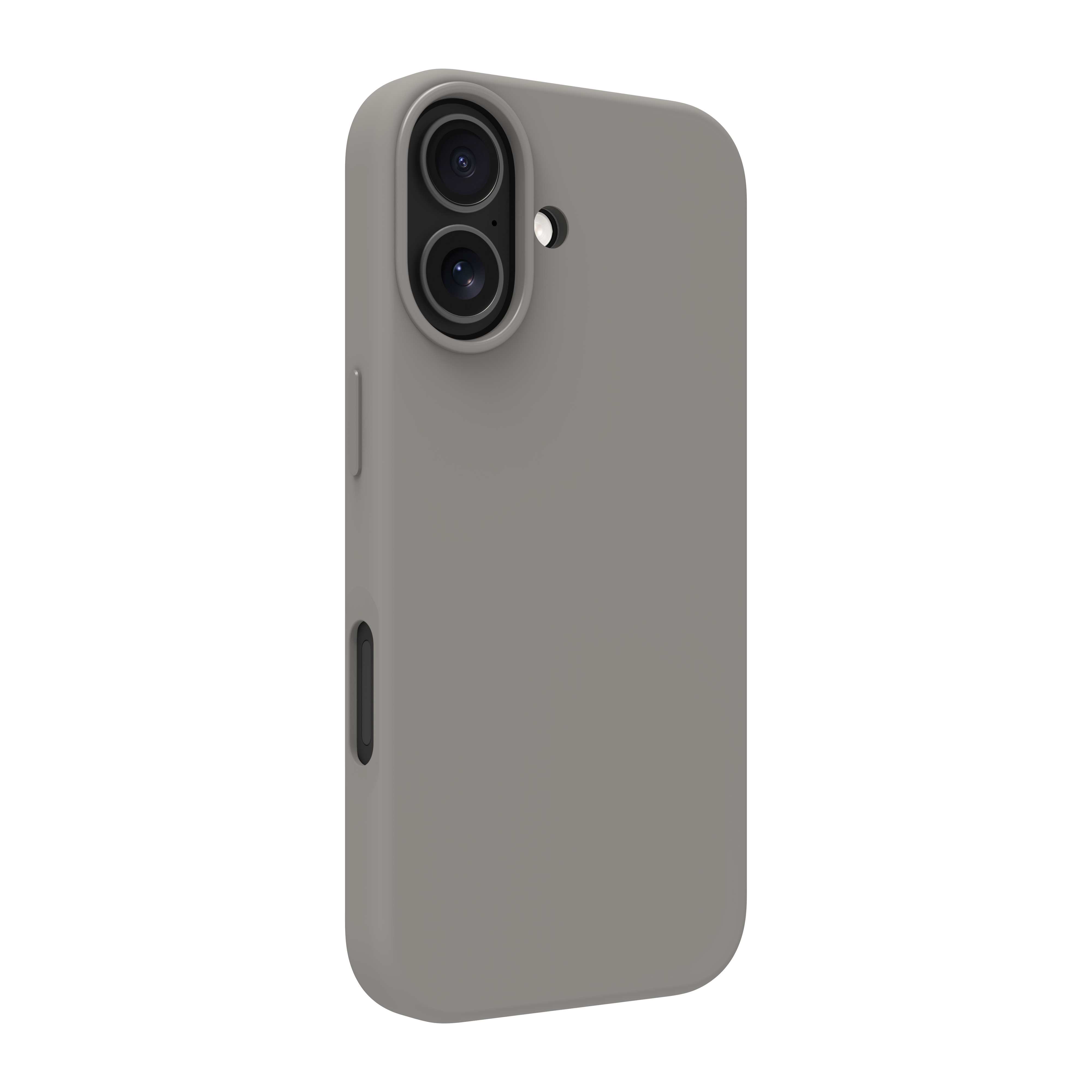 Una custodia grigia per telefono con ritagli per la fotocamera e pulsanti. Ha due obiettivi e un flash. Lo sfondo è bianco.