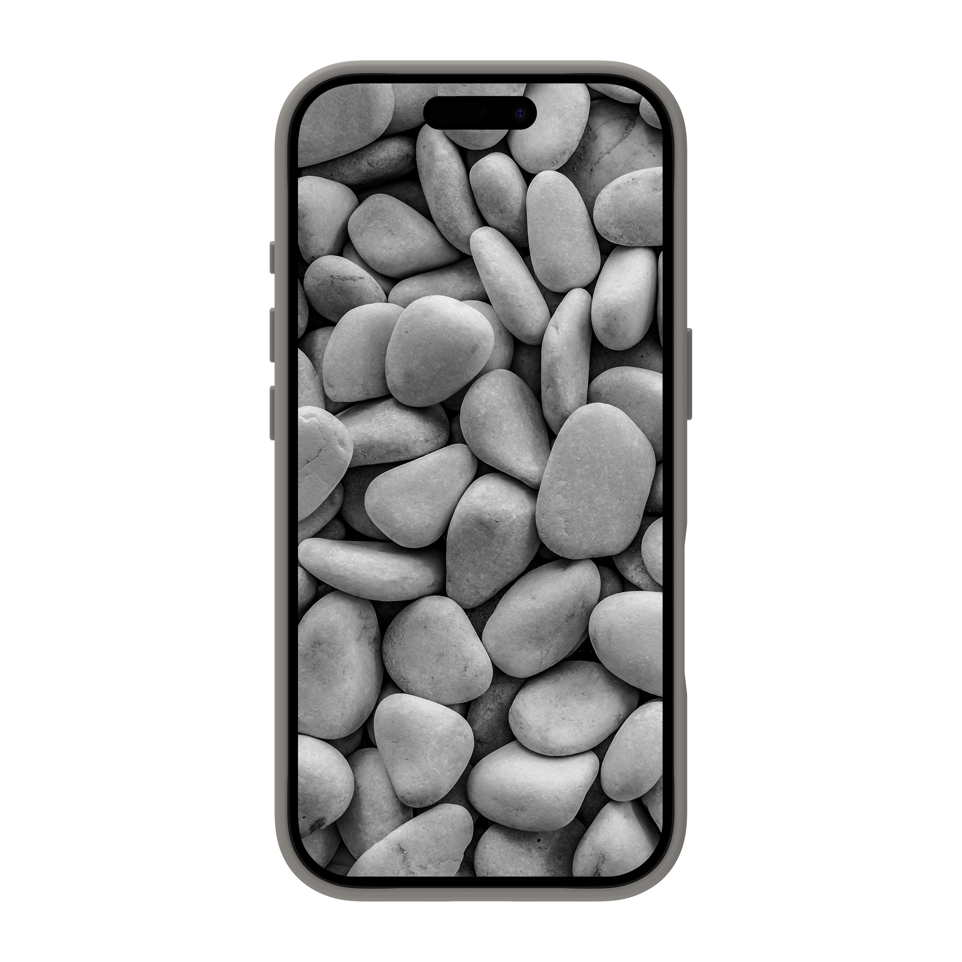 Uno smartphone mostra un'immagine in scala di grigi di pietre lisce e arrotondate, con un ritaglio per la fotocamera in alto.