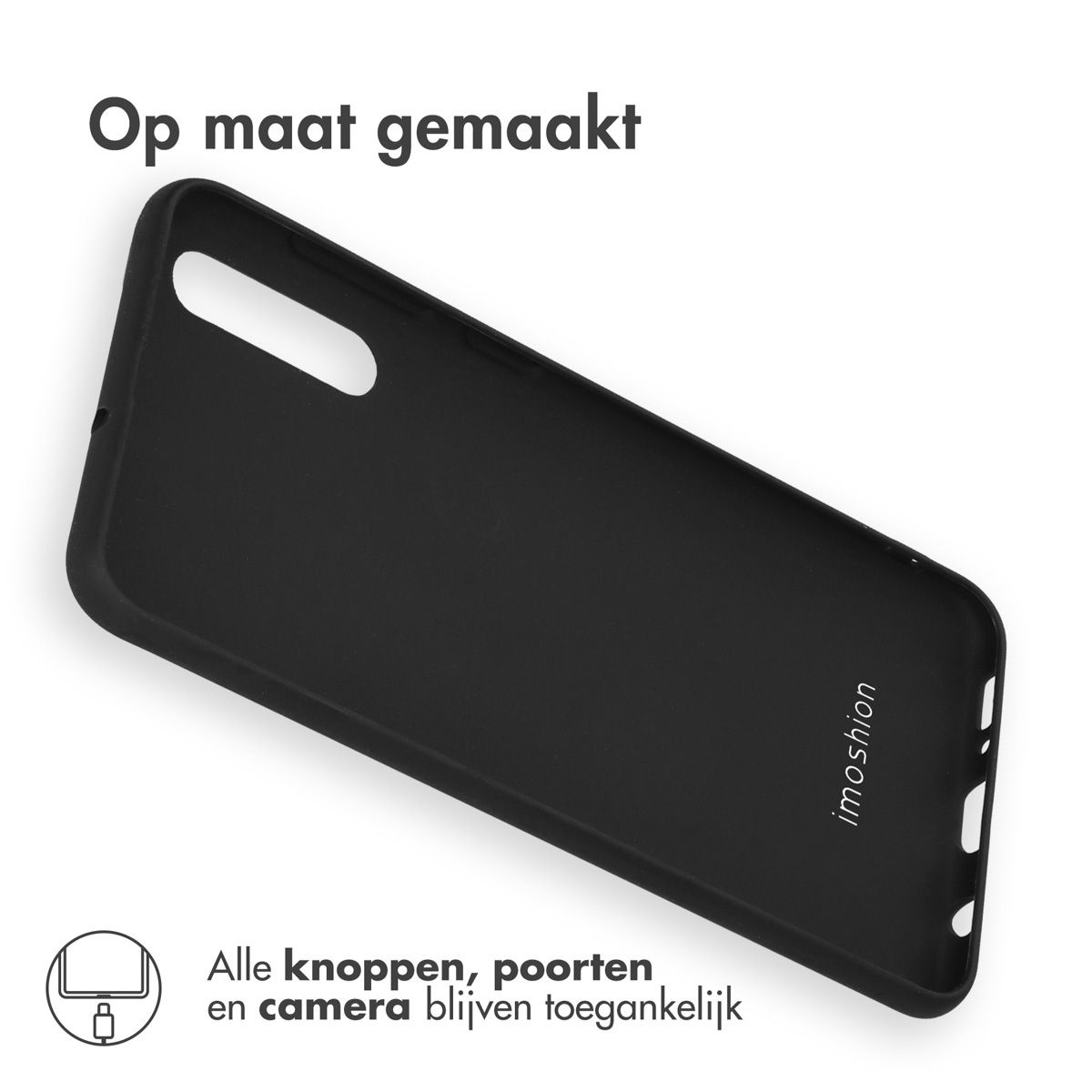 Een zwarte telefoonhoes met het merk 'imoshion' op een witte achtergrond. Nederlandse tekst: 'Op maat gemaakt' en 'Alle knoppen, poorten en camera blijven toegankelijk'.