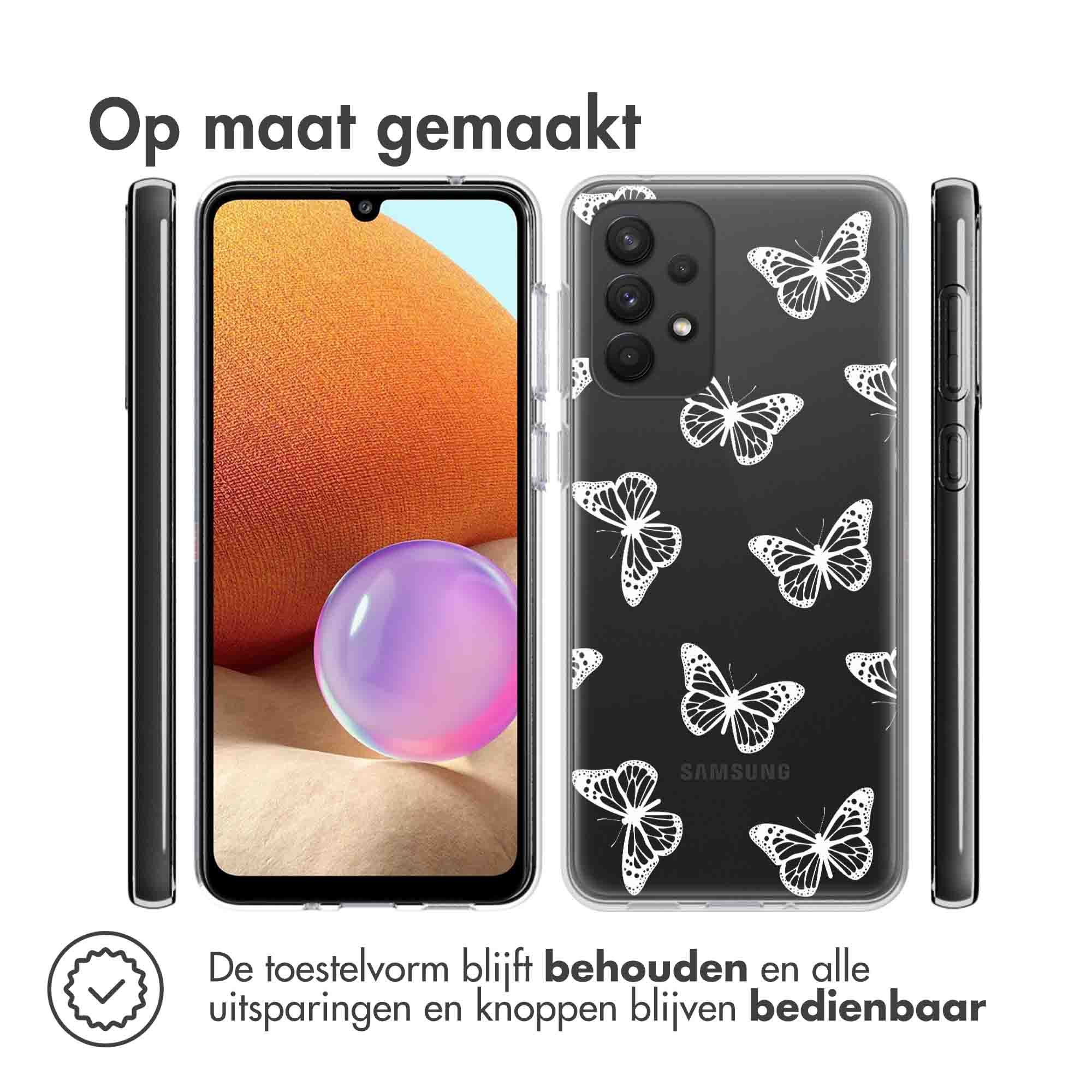 Une coque de téléphone avec des papillons sur un téléphone. Le téléphone affiche un fond orange et violet.