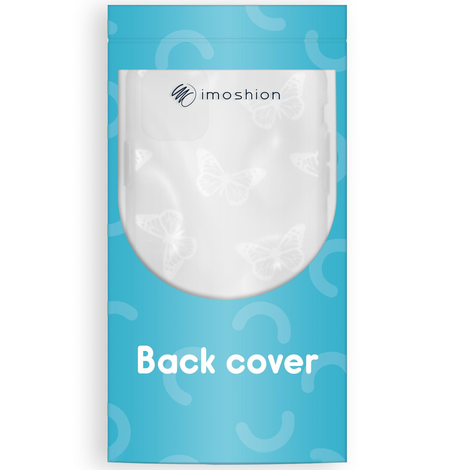 Een verpakking met een witte binnenkant en een blauwe buitenkant. Er staat een logo op en de tekst 'Back cover'. Vlinders op wit gedeelte.