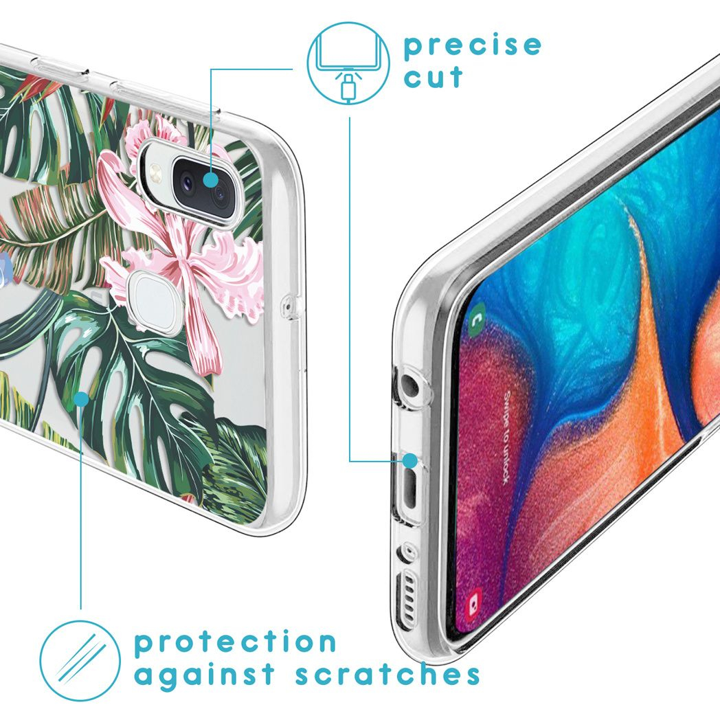Transparente Handyhülle mit Blumendesign, zeigt ein Handy. Text: Präziser Schnitt, Schutz vor Kratzern.
