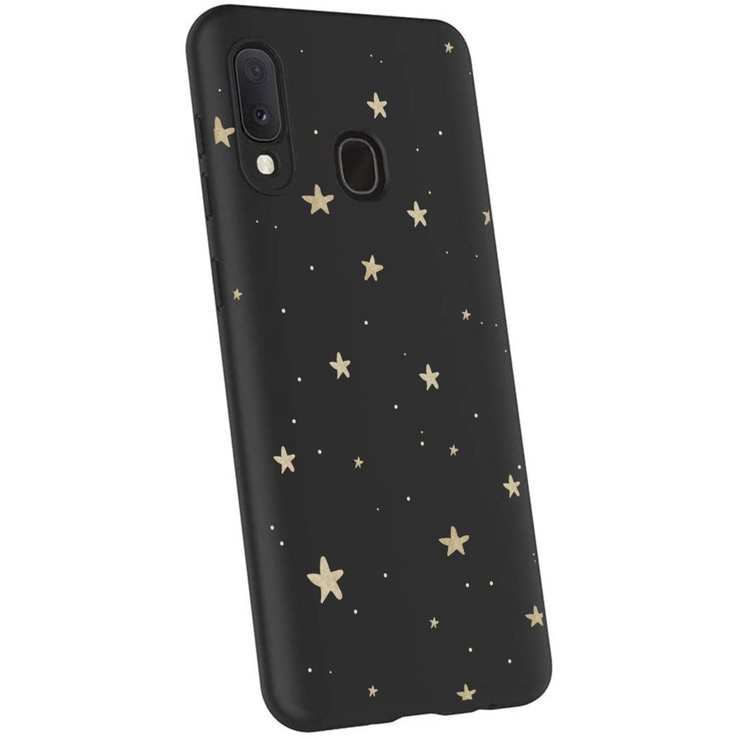 Eine schwarze Handyhülle mit goldenen Sternen. Die Hülle hat eine Kamera und einen Blitz.
