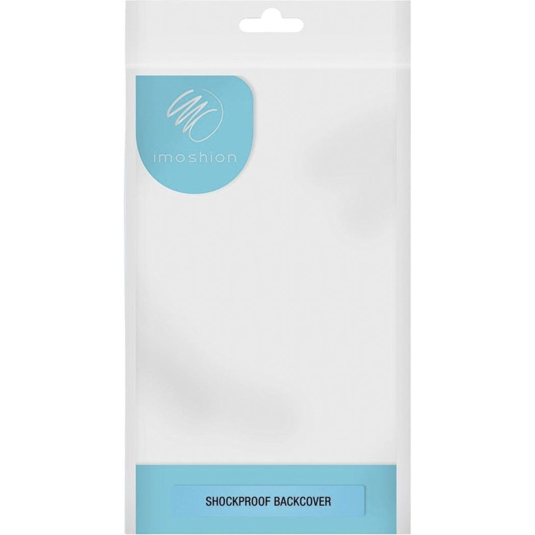 Een doorzichtige plastic verpakking met een blauw label met imoshion. Daaronder staat een blauwe balk met SHOCKPROOF BACKCOVER.