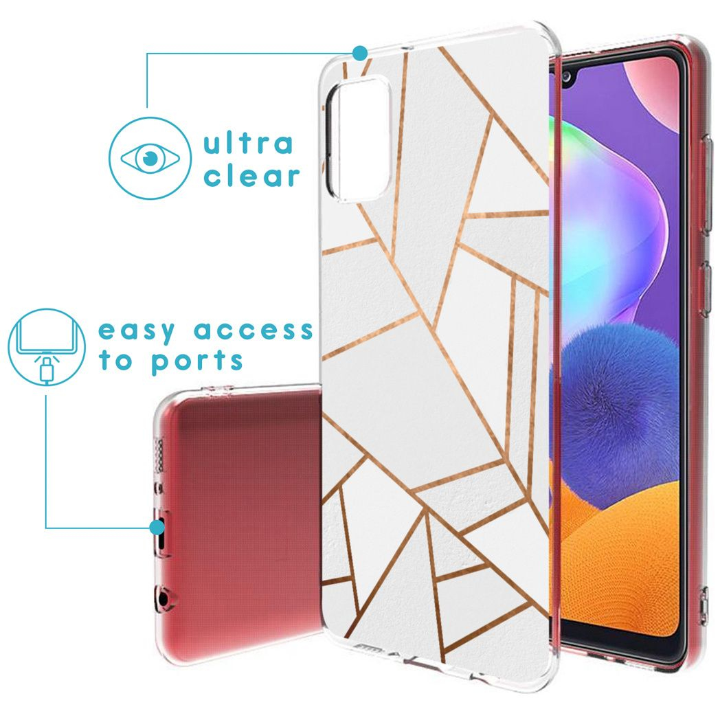 Een telefoon met een doorzichtige witte hoes met gouden lijnen wordt getoond. De hoes ligt bovenop een rode telefoon, met een doorzichtige hoes.