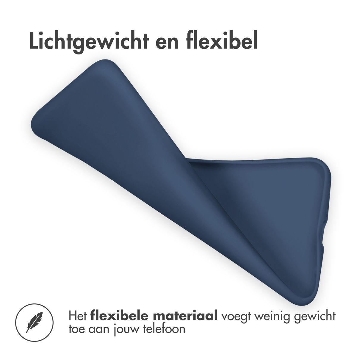 Een marineblauwe flexibele telefoonhoes is gebogen om de flexibiliteit te tonen. Bovenstaande tekst zegt 'Lichtgewicht en flexibel'. Onderstaande tekst beschrijft de hoes.