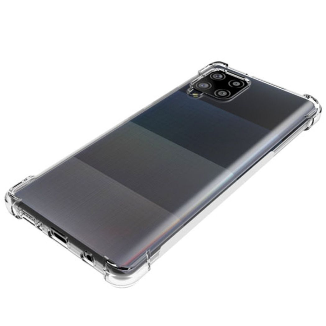 Een doorzichtige telefoonhoes, die de achterkant van een telefoon laat zien. De hoes is transparant, met verstevigde hoeken.