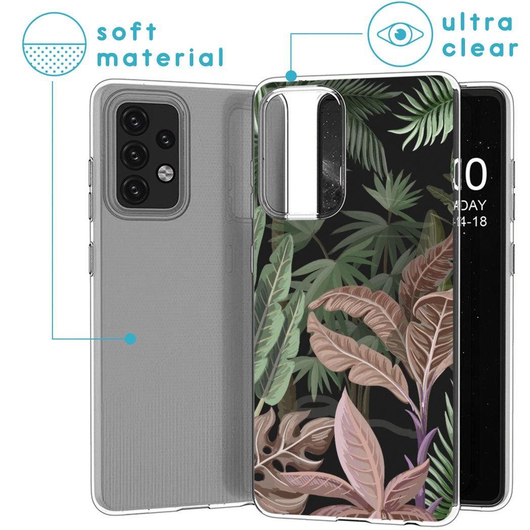 Un telefono con una custodia floreale. La custodia ha un paraurti trasparente e uno sfondo nero con foglie marroni e verdi.