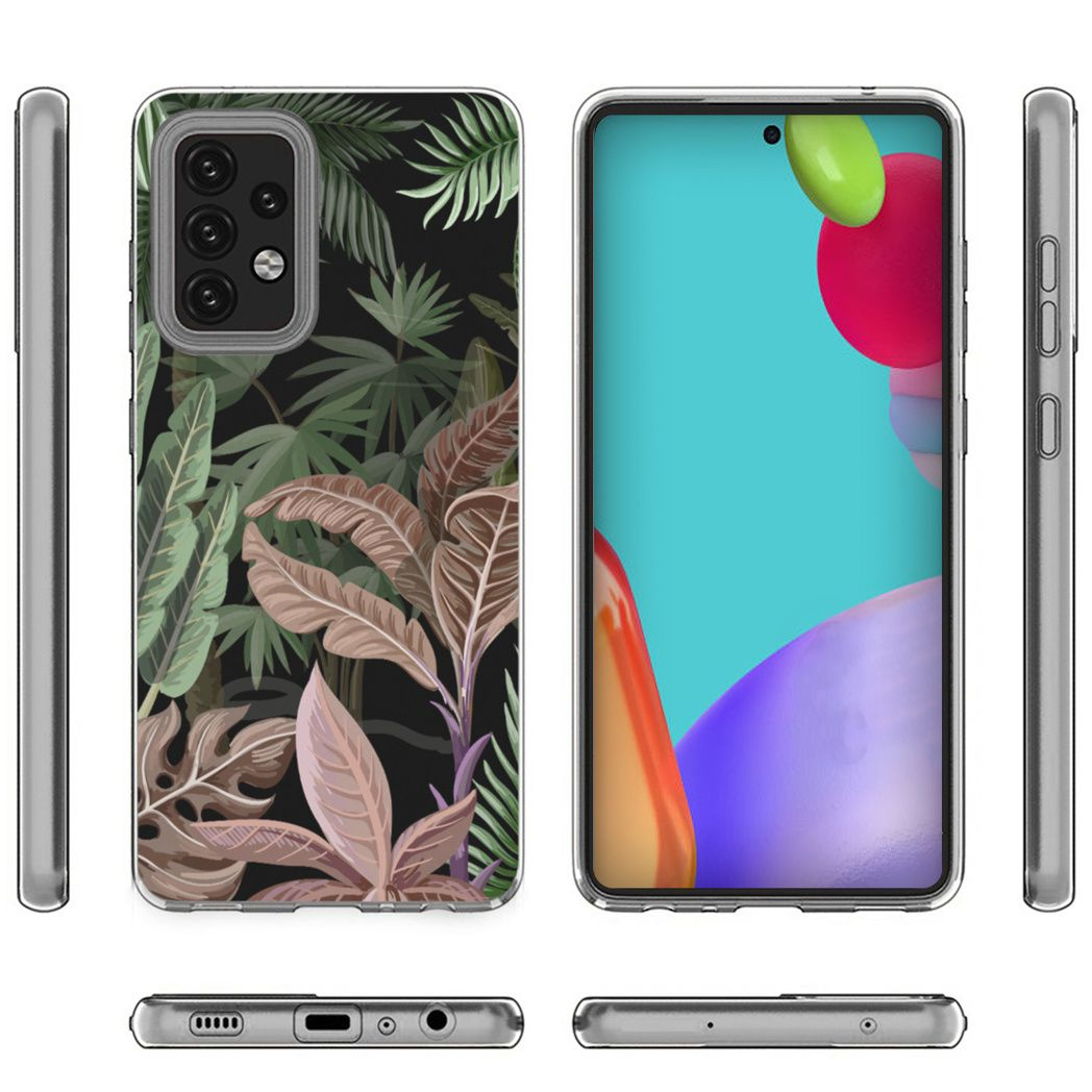 Un telefono in una custodia con foglie tropicali a sinistra e uno sfondo astratto colorato a destra, circondato da bordi del telefono.
