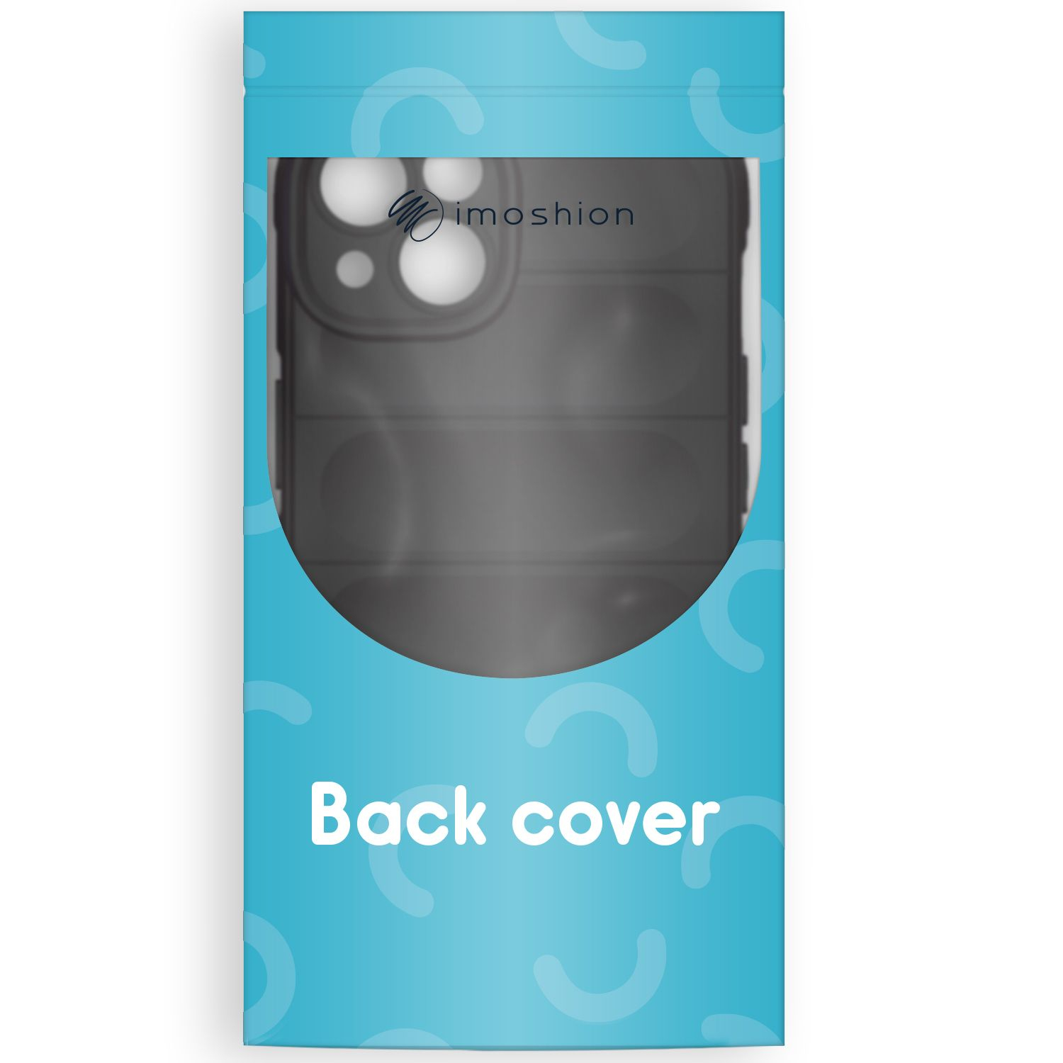 Een telefoon achtercover in een blauwe verpakking. De verpakking heeft een venster met de cover en het merklogo. Tekst: Back cover.