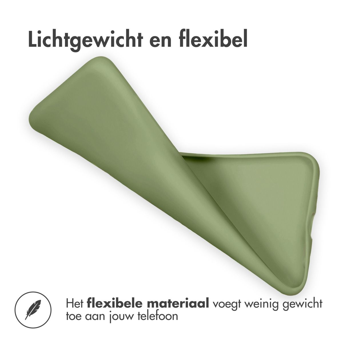 Een flexibele, lichtgroene telefoonhoes is gebogen om de flexibiliteit te laten zien. Boven staat 'Lichtgewicht en flexibel'.