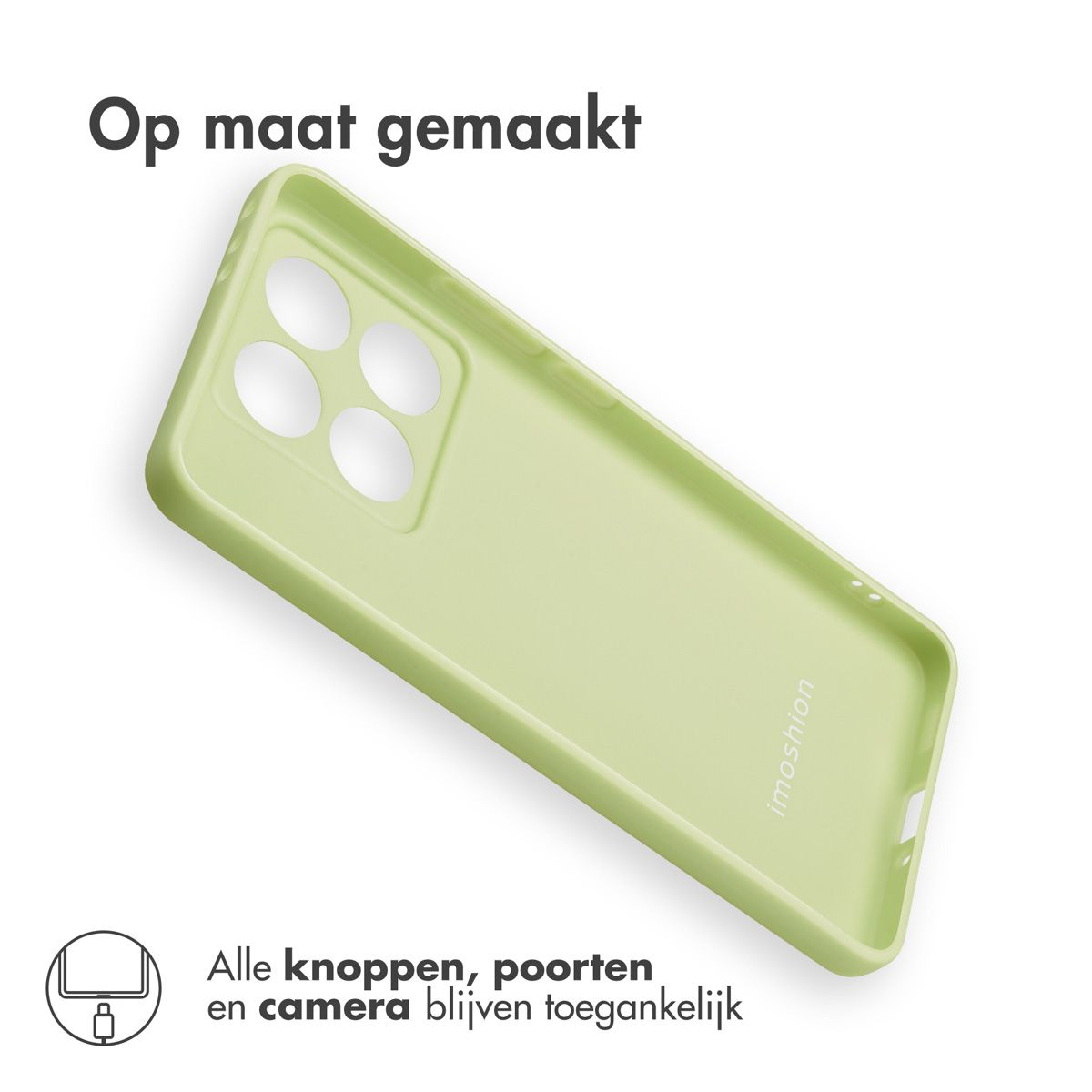 Une coque de téléphone vert clair avec des découpes pour l'appareil photo et les boutons est inclinée. Texte : 'Op maat gemaakt' et 'Alle knoppen, poorten en camera blijven toegankelijk'.
