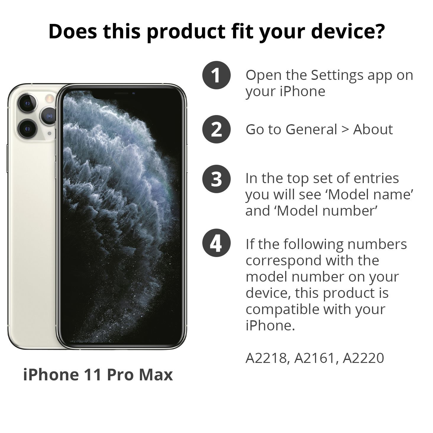 Afbeelding toont een iPhone 11 Pro Max. Er staan ook instructies over hoe je de modelcompatibiliteit kunt controleren.