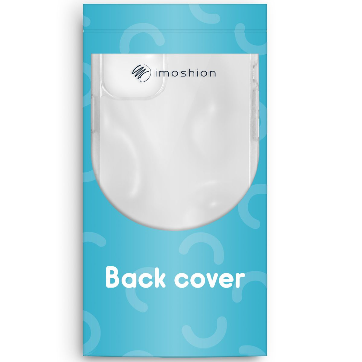 Eine transparente Handy-Rückseite in einer türkisfarbenen Verpackung. Der Markenname 'imoshion' steht oben, darunter steht 'Back cover'.