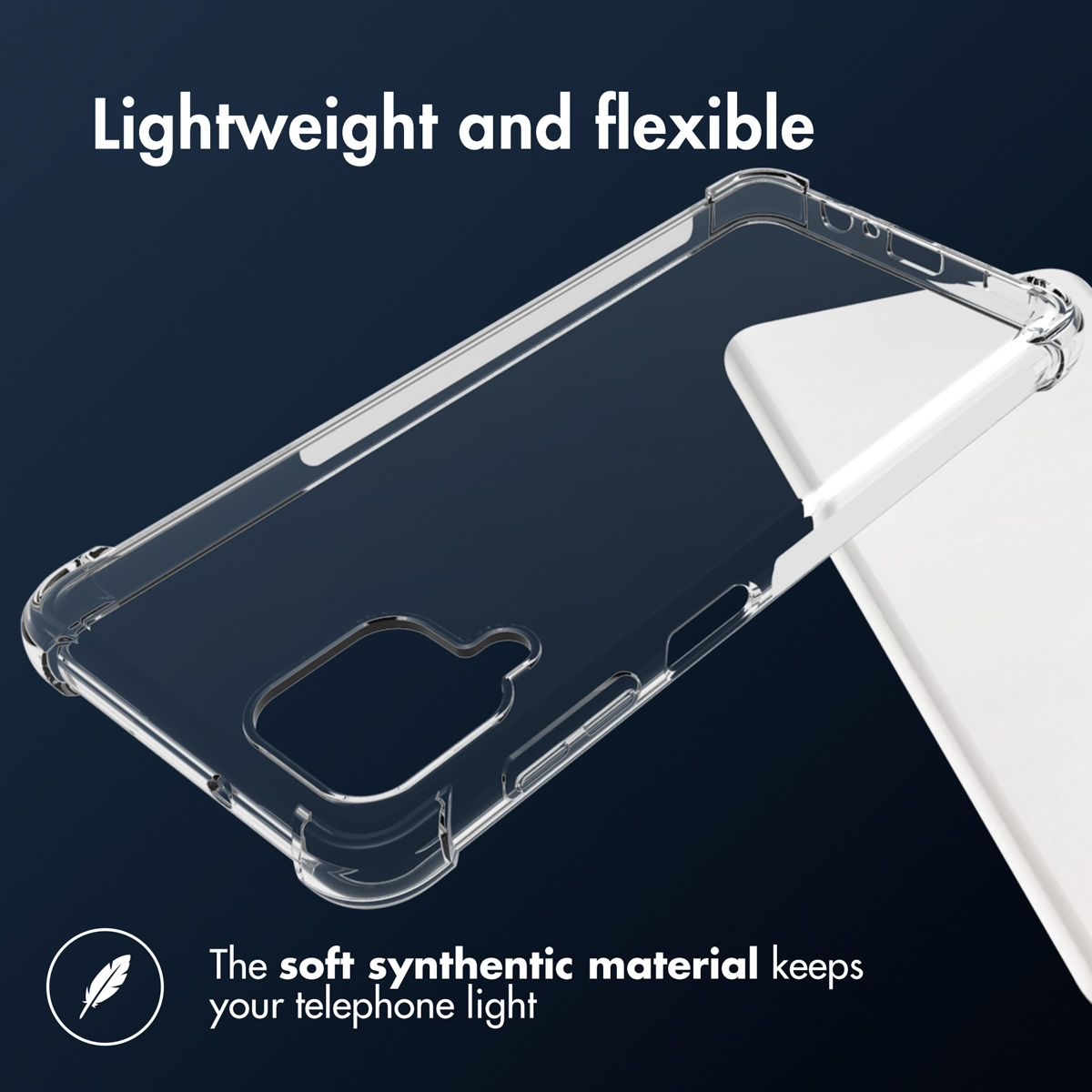 Transparante telefoonhoes op een donkerblauwe achtergrond. De tekst zegt: 'Lichtgewicht en flexibel'.