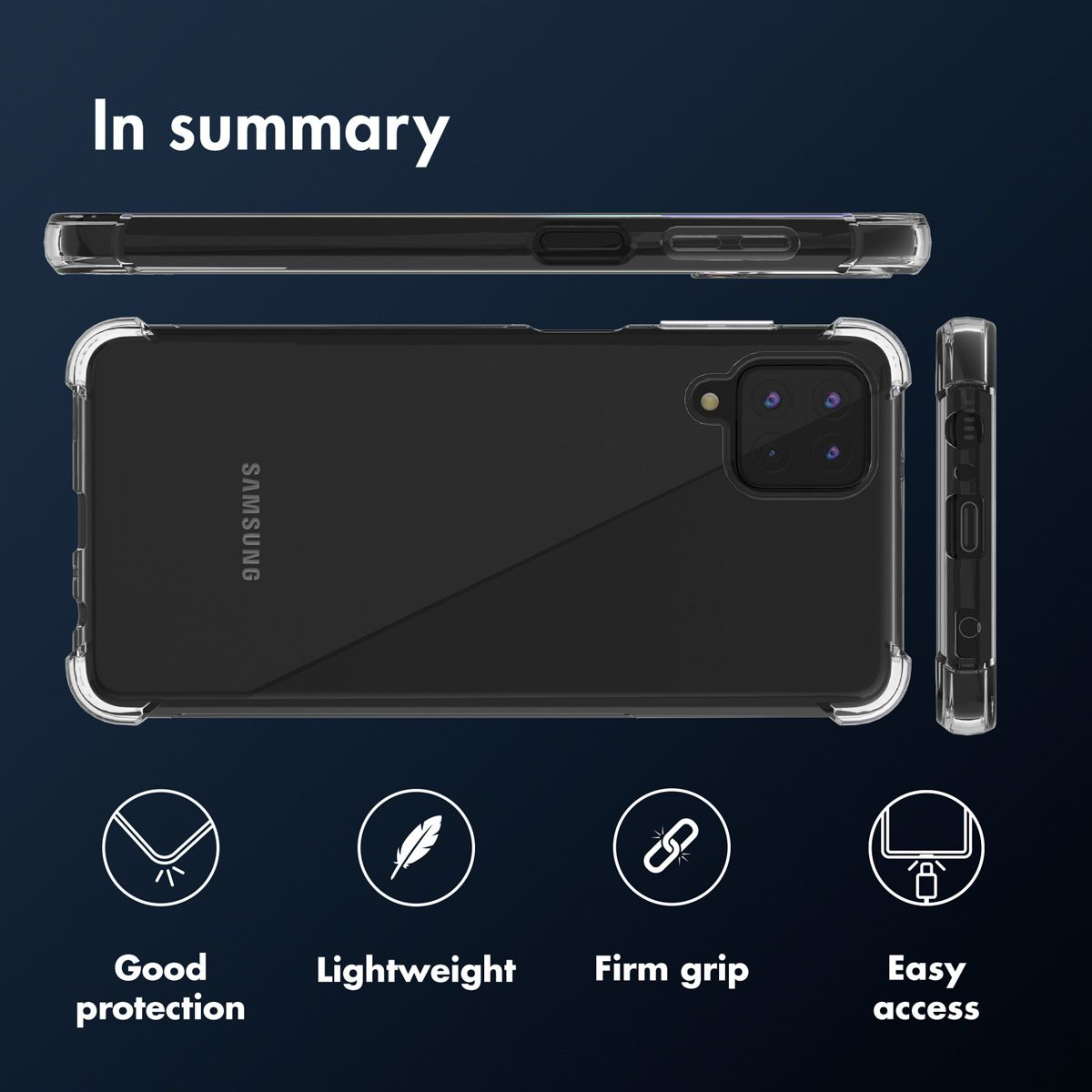 Een transparante telefoonhoes met een Samsung telefoon erin. Goede bescherming, lichtgewicht, stevige grip en gemakkelijke toegang worden ook weergegeven.