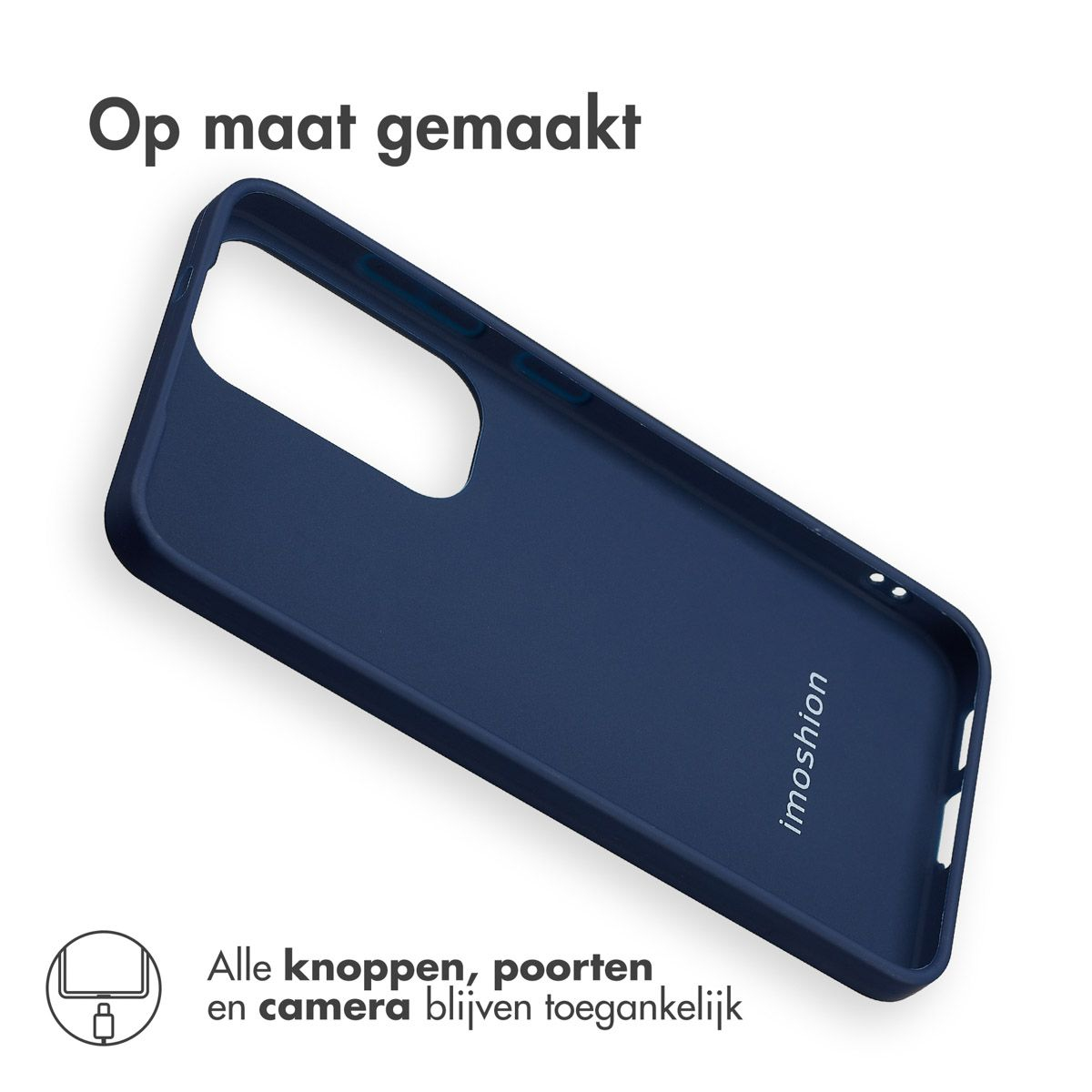 Une coque de téléphone bleu marine. Texte 'Op maat gemaakt' au-dessus. La coque a des découpes pour l'appareil photo et les ports. La marque 'imoshion' est visible.
