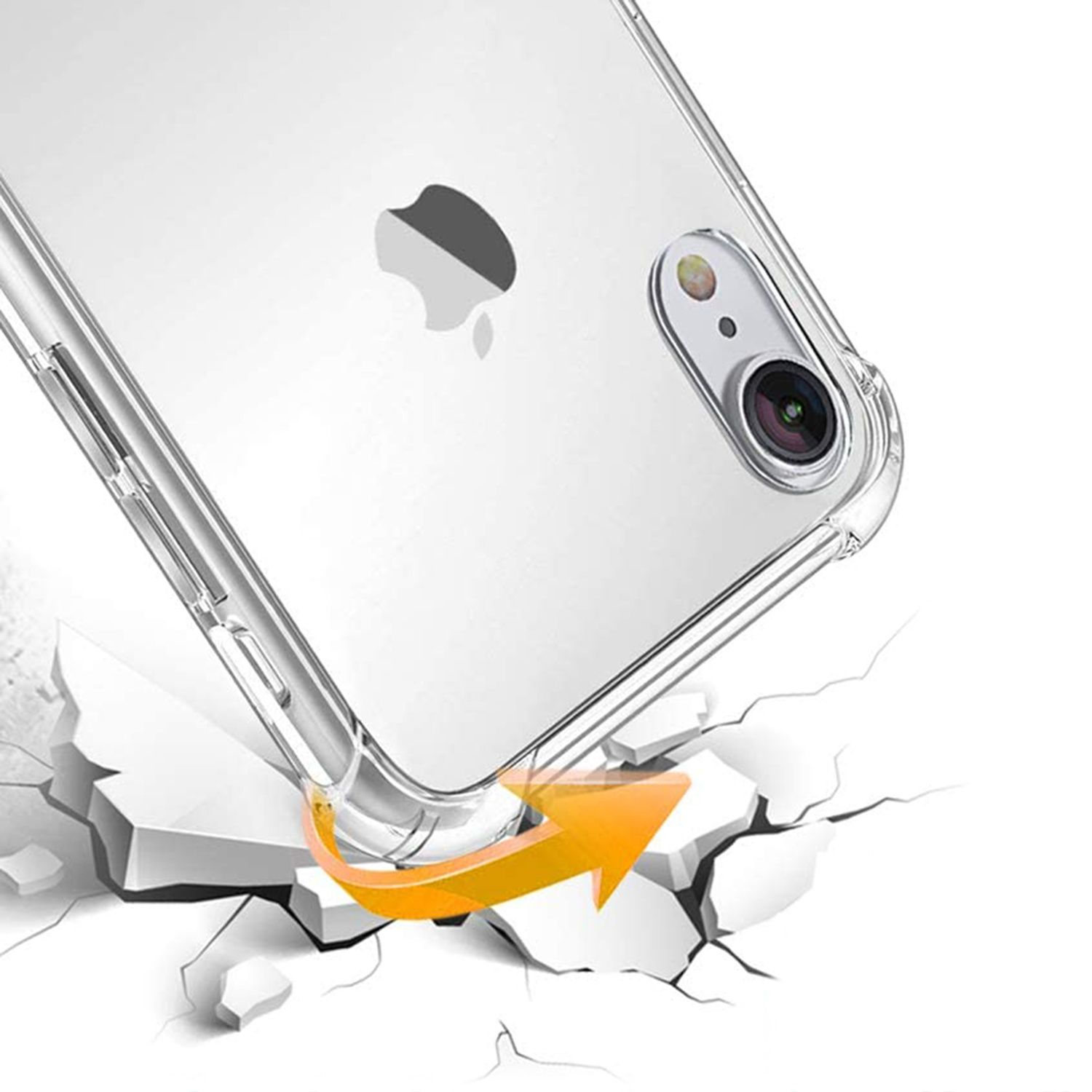 Une coque de téléphone transparente avec le logo Apple est tombée. Une flèche orange indique l'impact sur une surface blanche fissurée.