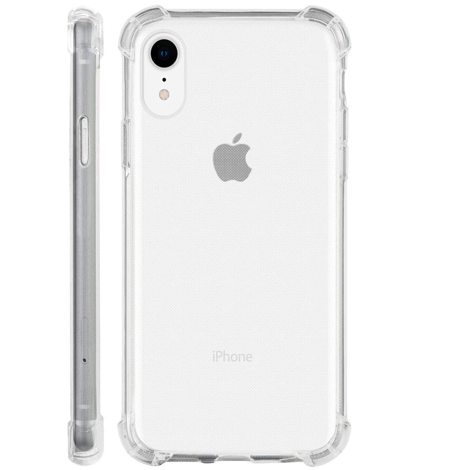 Un iPhone XR dans un étui de protection transparent. Le téléphone est blanc avec un logo Apple gris. L'étui est transparent.