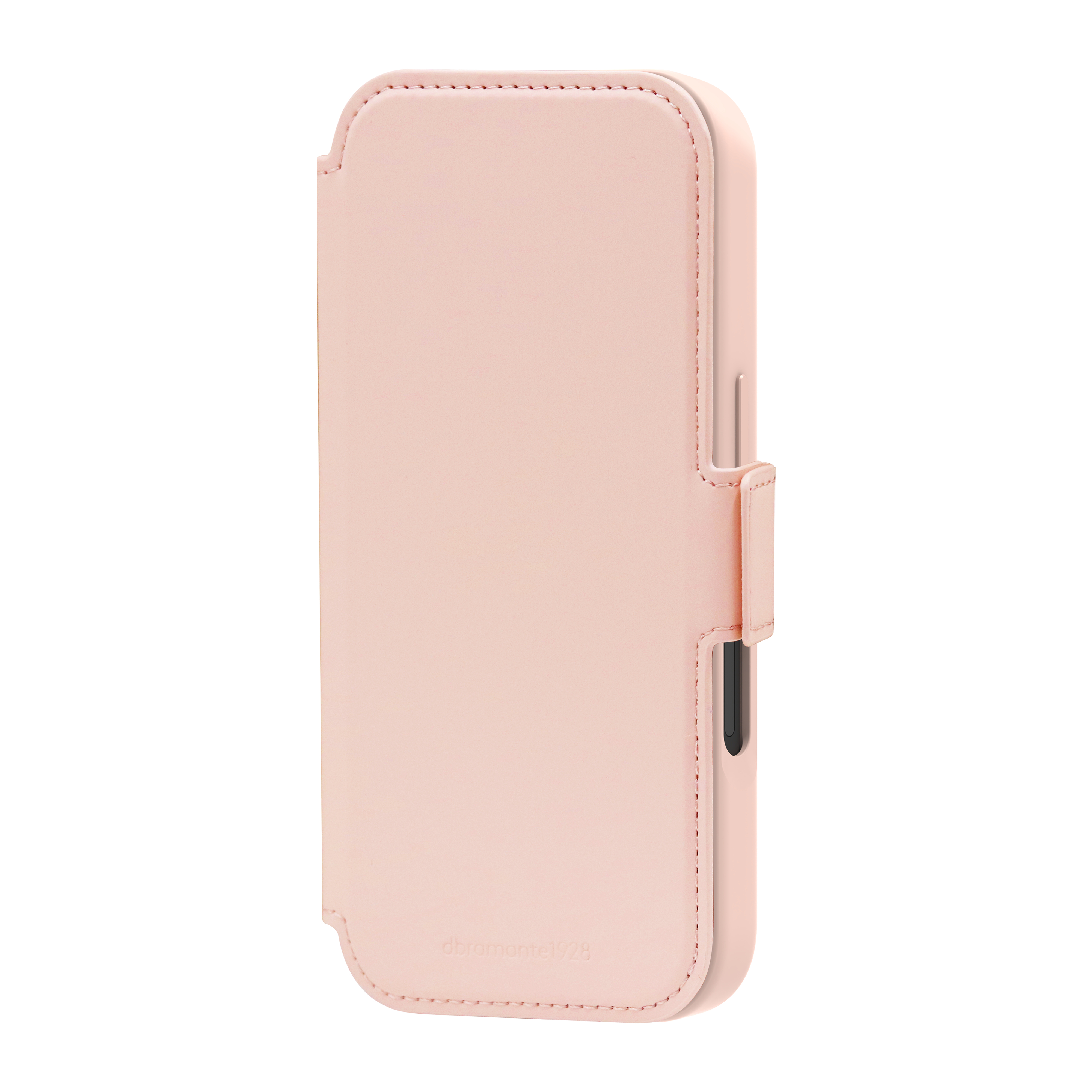 Una custodia per telefono in pelle rosa chiaro con chiusura magnetica, su sfondo bianco. Il marchio è visibile.