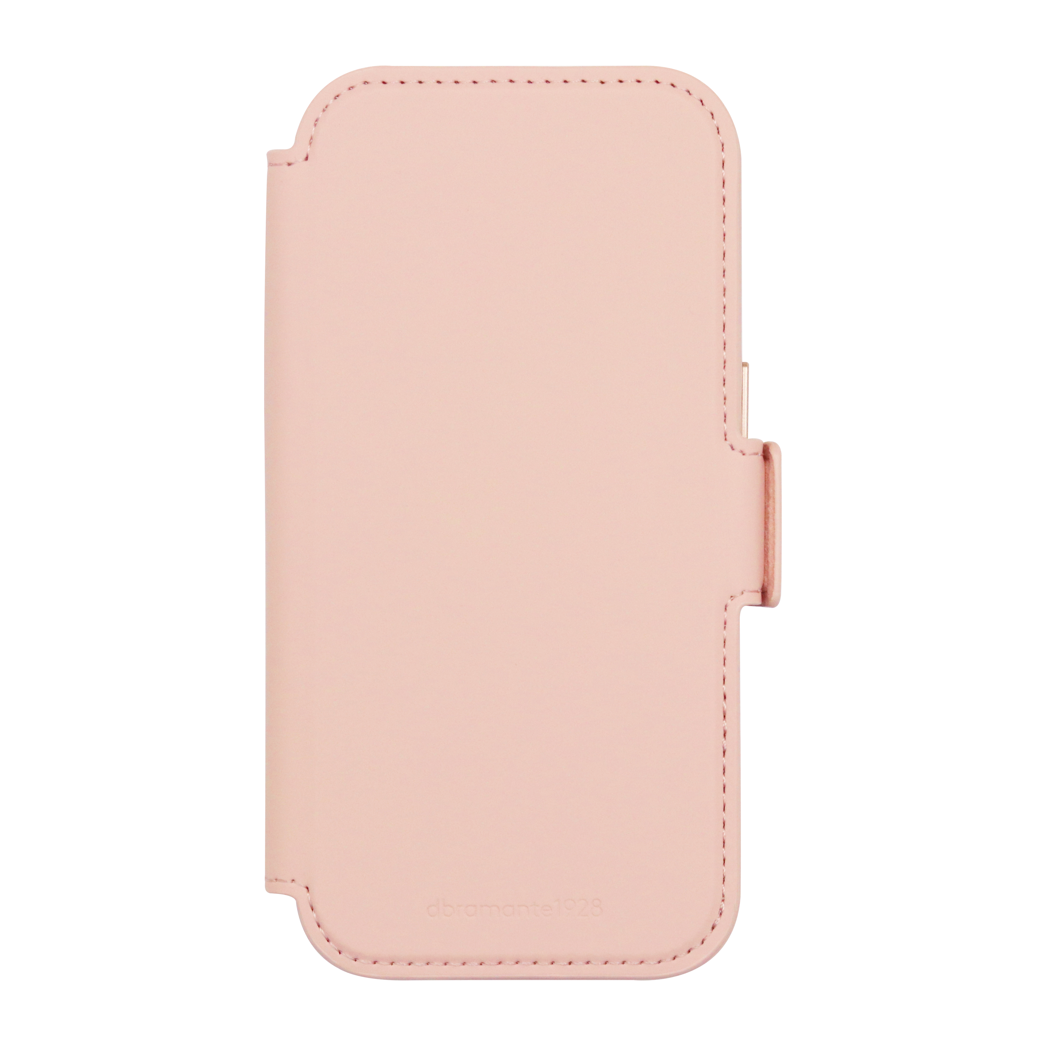 Una custodia per telefono rosa chiaro su sfondo bianco. Ha un bordo cucito e una chiusura.