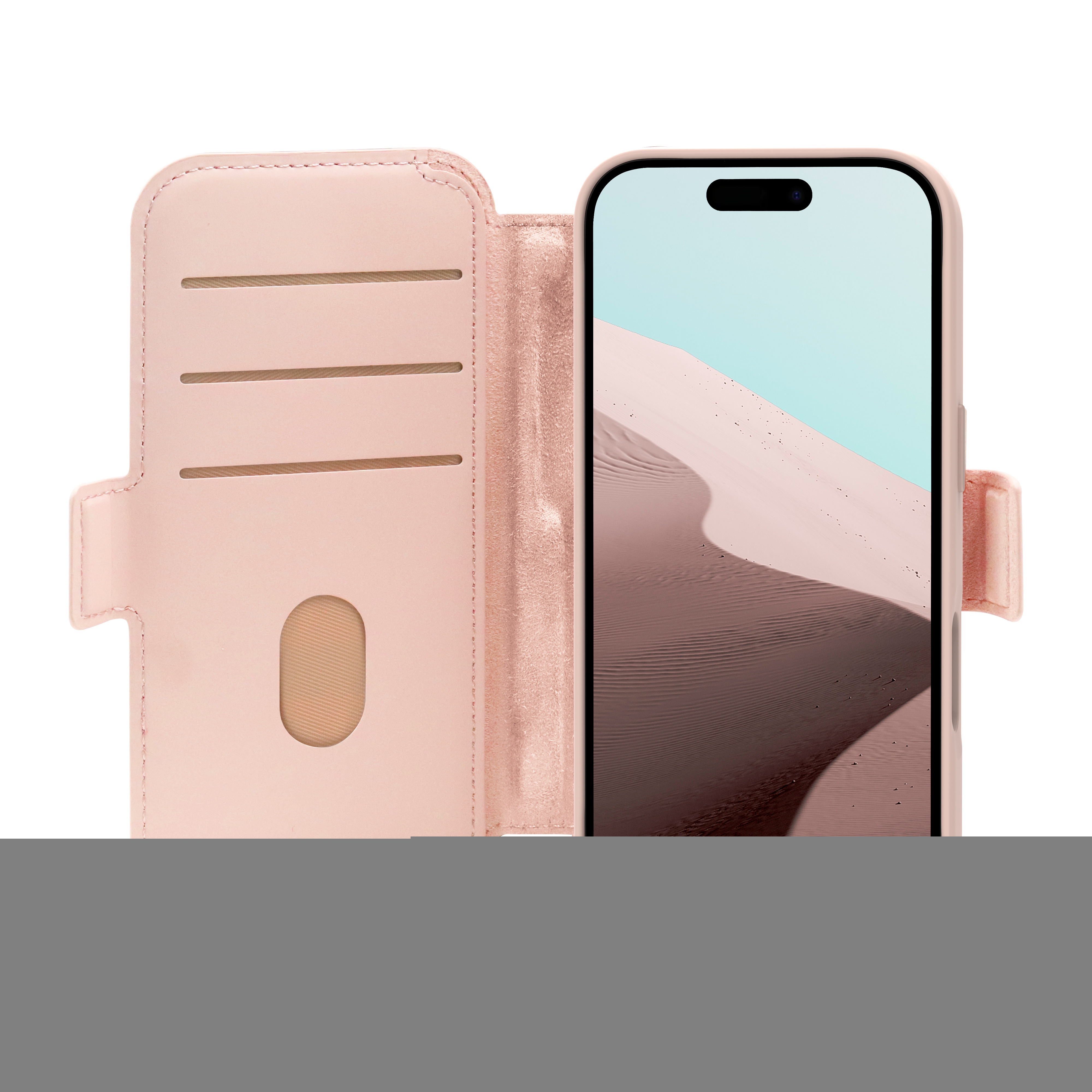 Una custodia rosa per telefono contiene un telefono che mostra una scena desertica. La custodia ha fessure per carte.