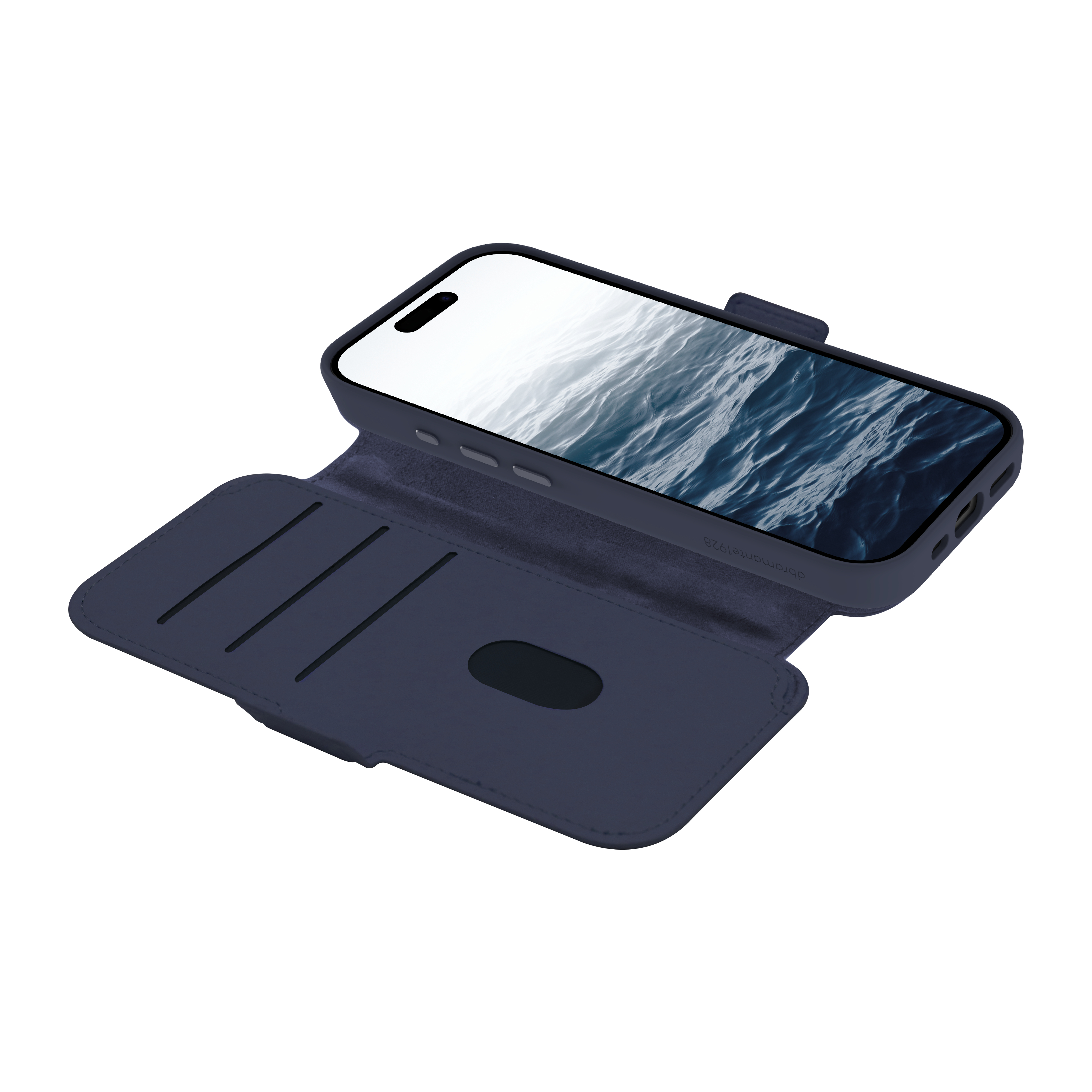 Un étui de téléphone bleu foncé avec un téléphone ouvert affichant des vagues. L'étui a des fentes pour cartes. Fond blanc.