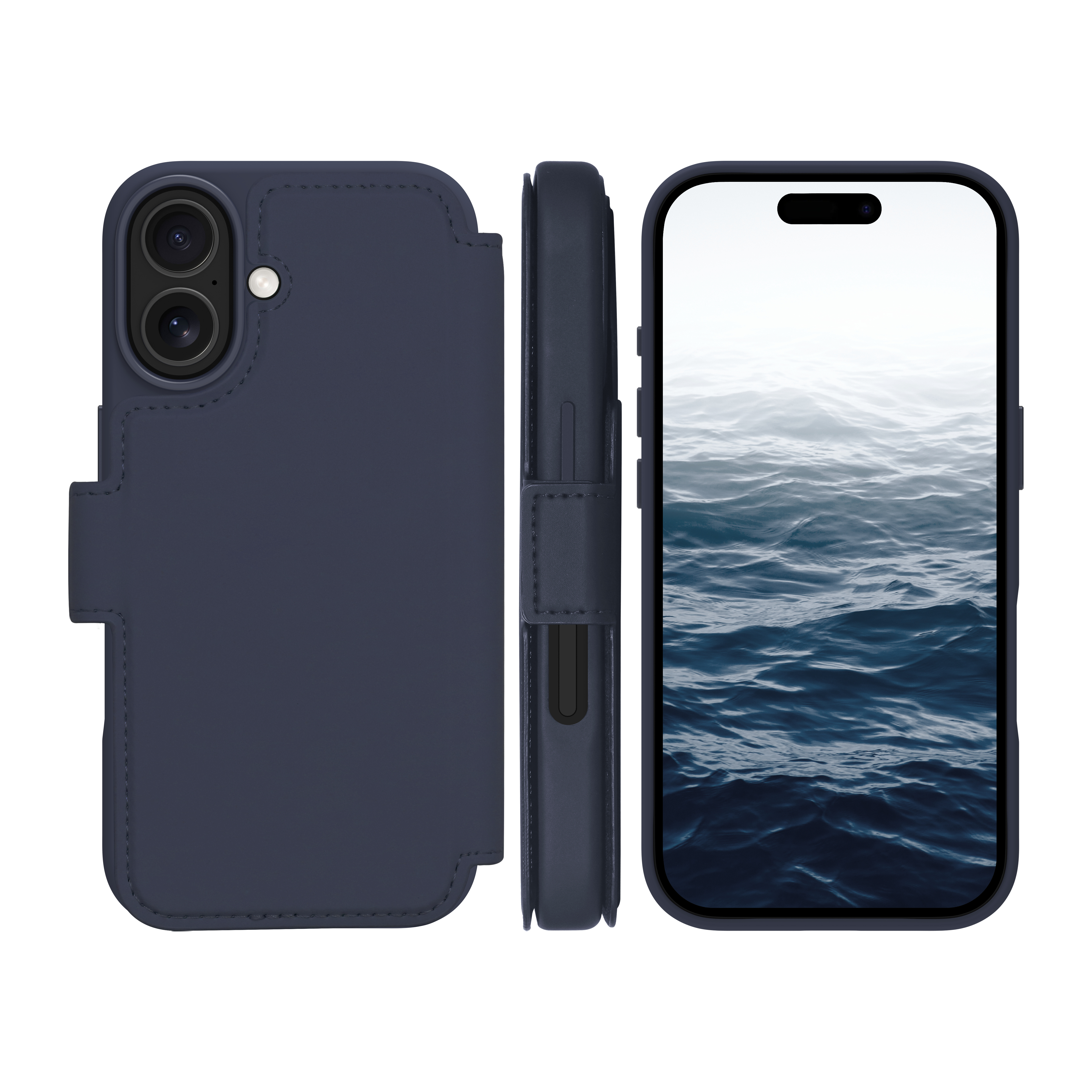 Un étui de téléphone bleu marine avec un téléphone à l'intérieur. Le téléphone affiche une image d'eau.
