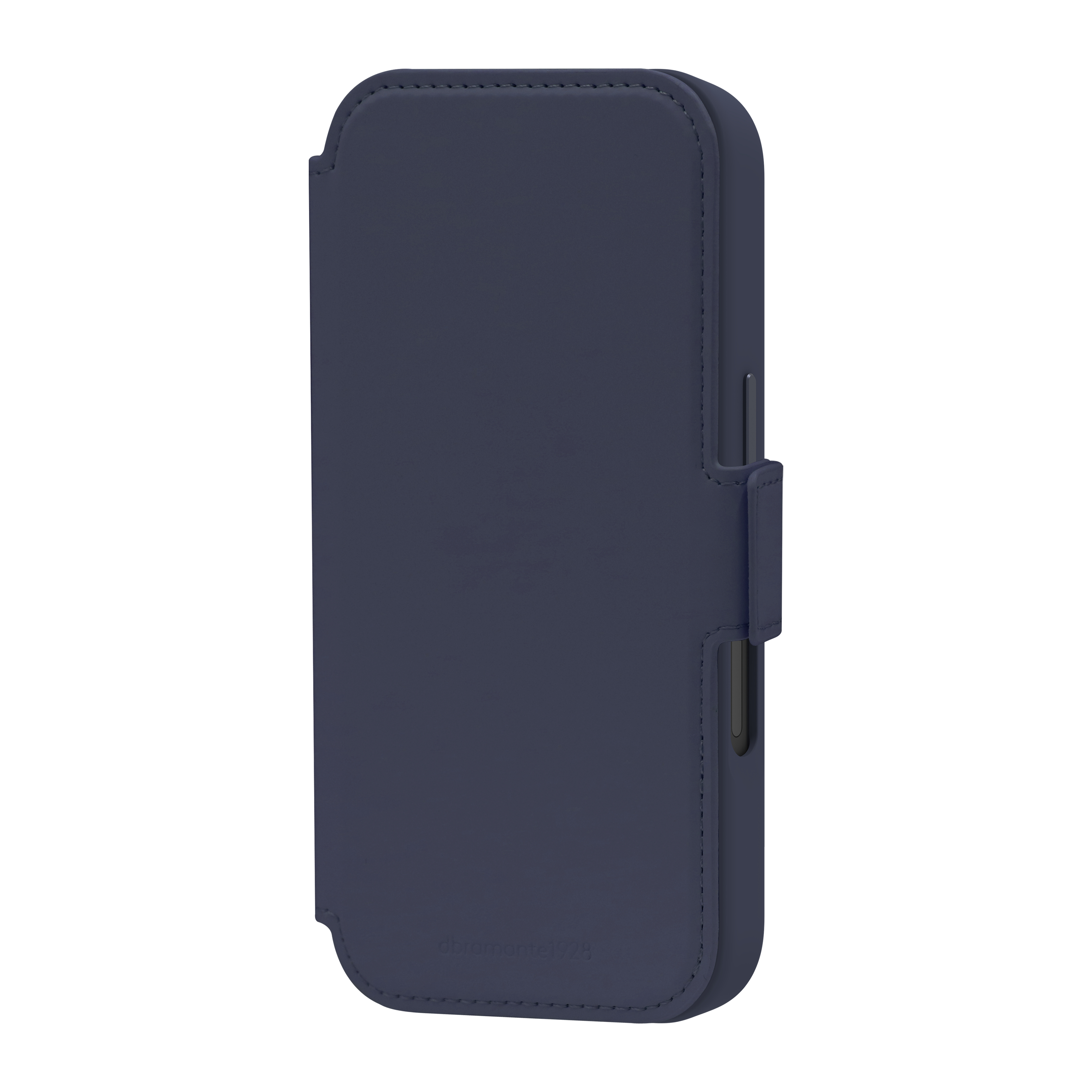 Un étui de téléphone bleu marine avec rabat et fermeture magnétique. L'étui est en cuir, avec le nom de la marque.
